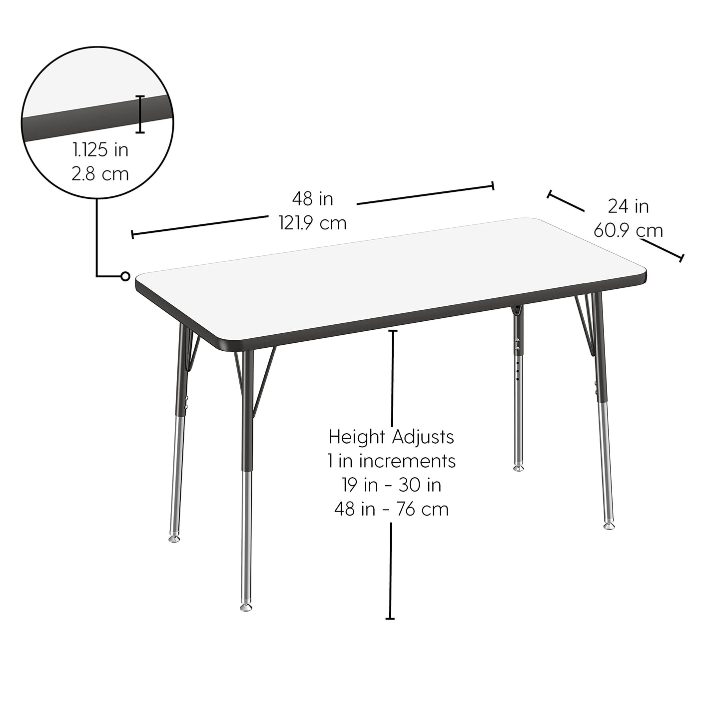 FDP Dry-Erase Rectangle Activity School and Office Table (24 x 48 inch), Standard Legs with Swivel Glides, Adjustable Height 19-30 inches; Quick Ship Single Box - Whiteboard Top and Black Edge