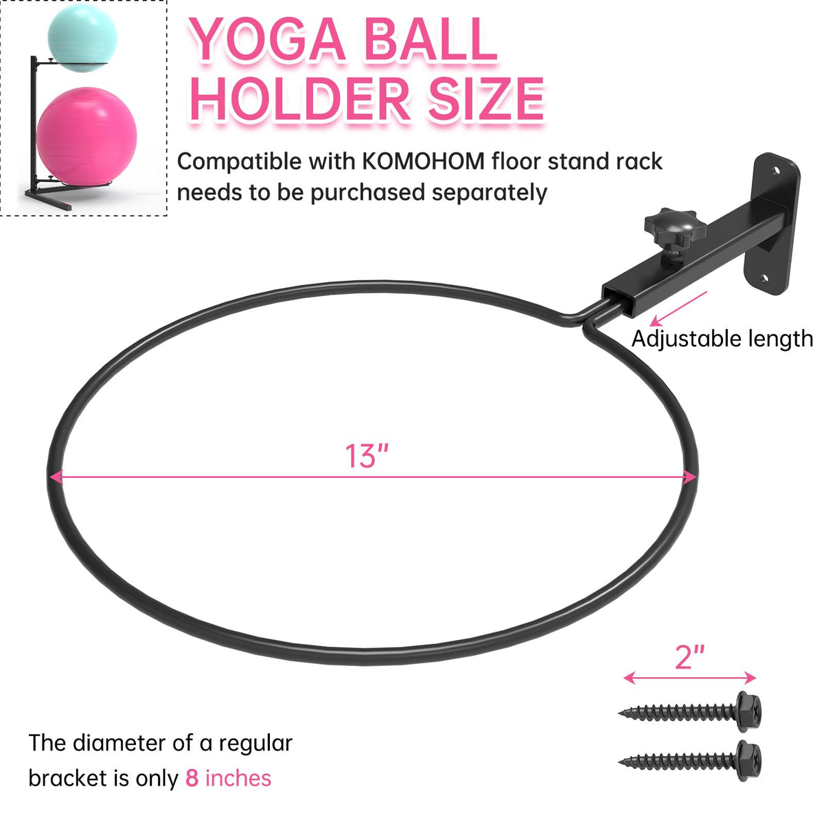 KOMOHOM Wall Mount Stability Ball Storage Rack for 26" Large Balls, Adjustable Heavy Duty Exercise Ball Holder for Home Gym, Metal Bracket for Yoga Ball, Swiss Ball, Physio Ball, Medicine Ball