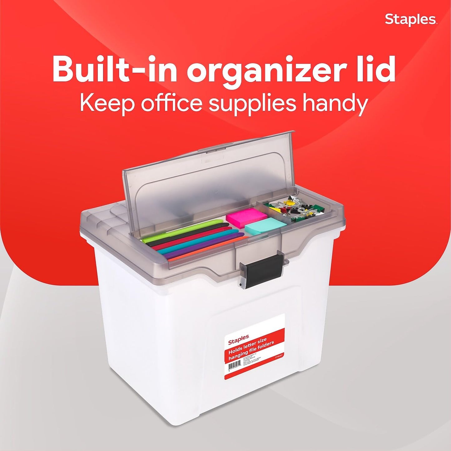 STAPLES File Box - Portable Letter-Size Storage Tote with Lid, Handle, Organizer Tray, Clear Plastic Filing Bin