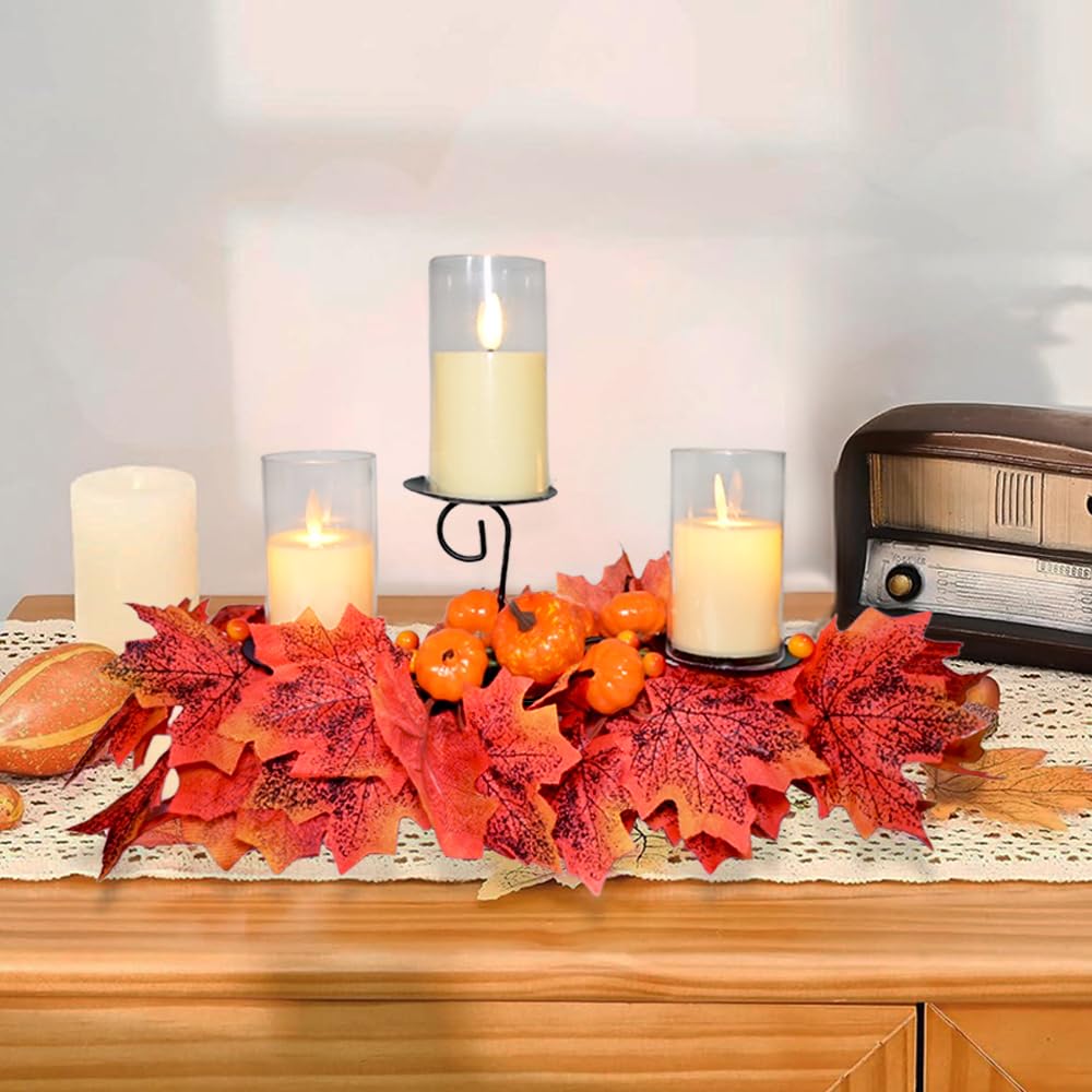 Fall Candle Holder Fall Table Centerpiece with Lights Thanksgiving Table Decor with Pumpkins Berries Maple Leaves Autumn Harvest Decoration with 3 Candle Holders for Dining Table Fireplace Home Decor
