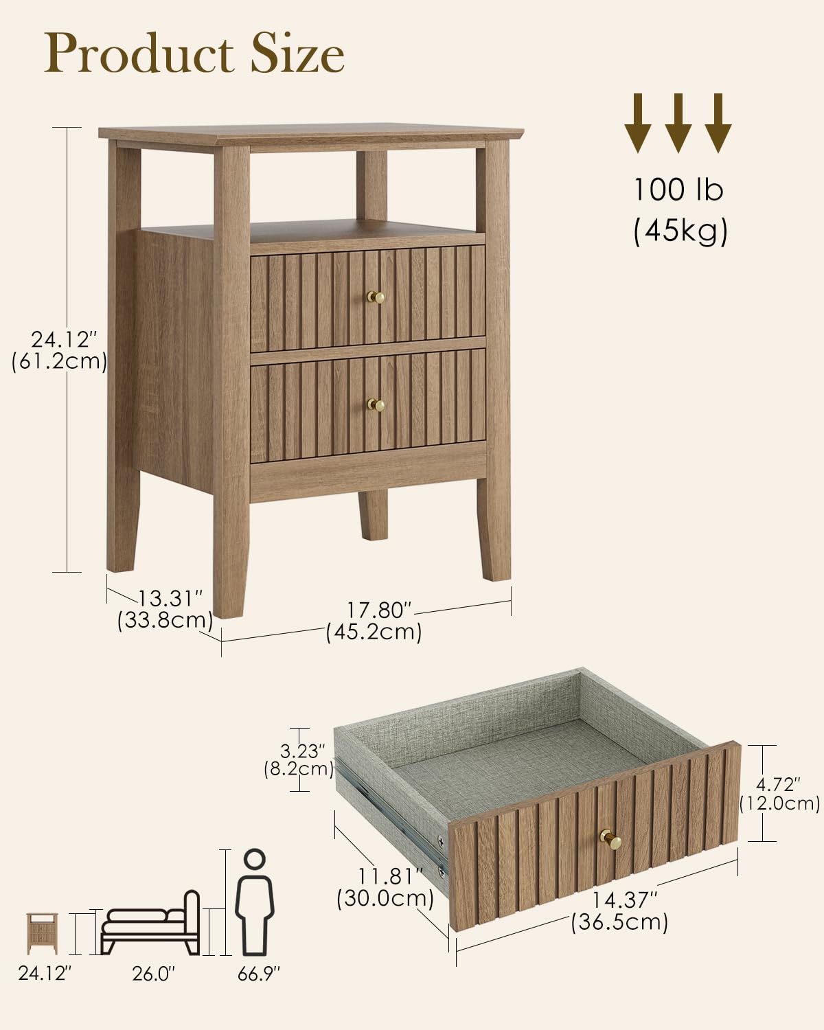 Apetaccat Fluted Nightstand, Farmhouse Night Stand with 2 Drawers, Mid Century Modern Side Accent Table,Bedside End Table for Bedroom, Living Room, Natural