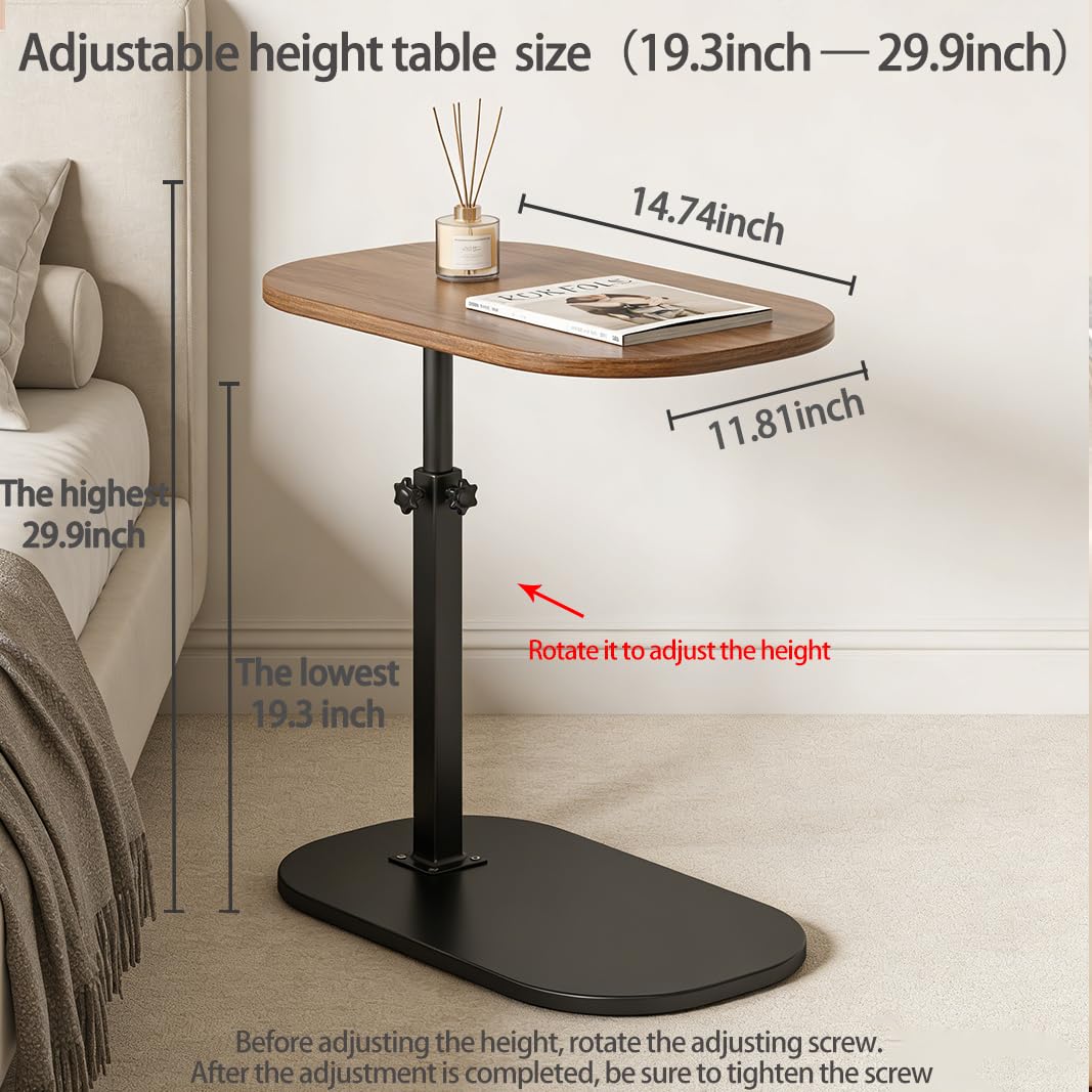 Vorriop Pedestal Adjustable c Table for Small Spaces，C Shaped End Table Desktop can Turn 360° and the Height of the Sofa Small TV Tray Table Can be Adjusted for Couch