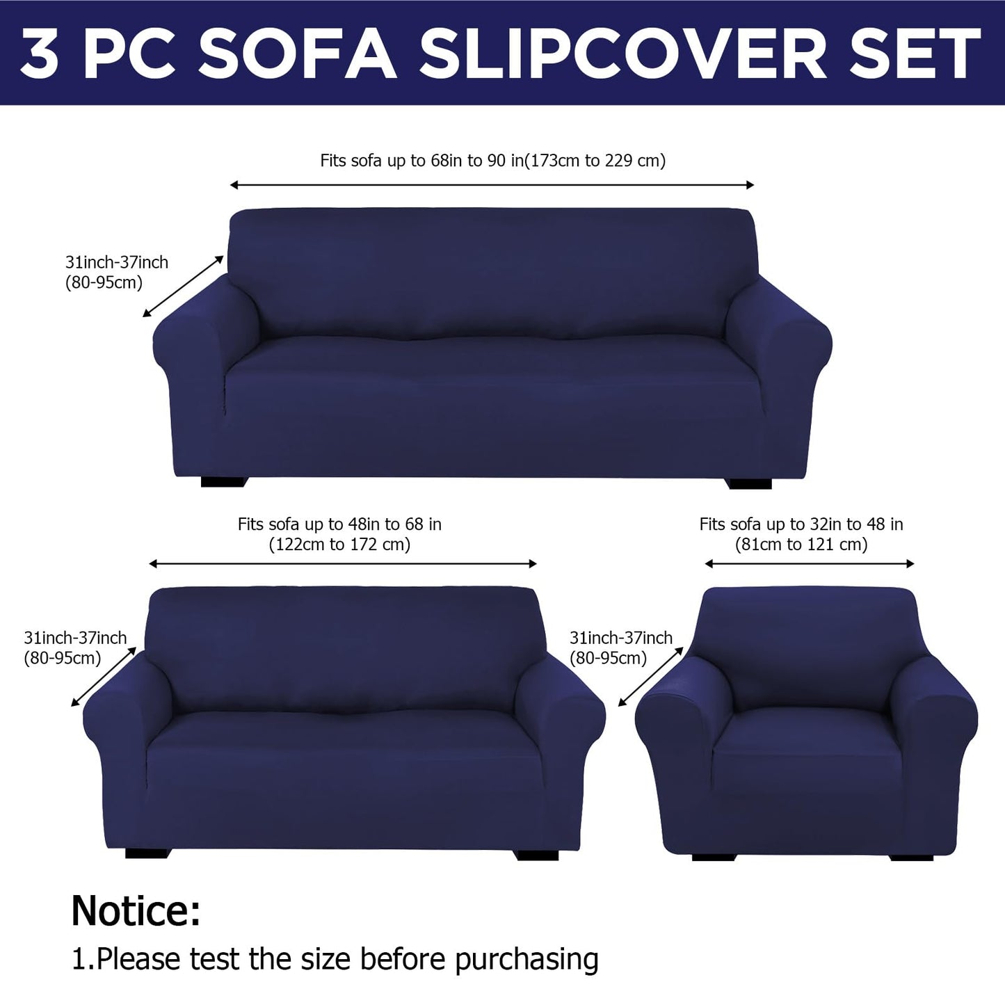 Peryiter 3 Pcs Couch and Loveseat Covers Set Sofa Cover for Couch Sofa Slipcover for Living Room Arm Chair Furniture Protector(Navy Blue,Milk Silk Spandex)