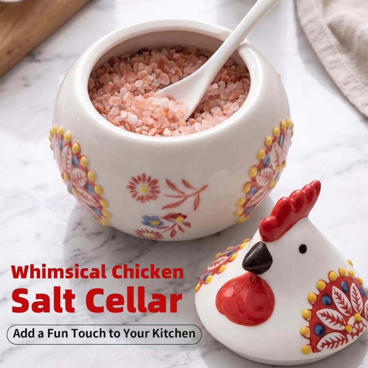 Ceramic Salt Cellars with Lid and Spoon 13 Ounce Home Kitchen Moisture-resistant Storage Container for Spice Storage, Salt Sugar or Pepper Reusable Ceramic Container for Kitchen Countertop (Blue)