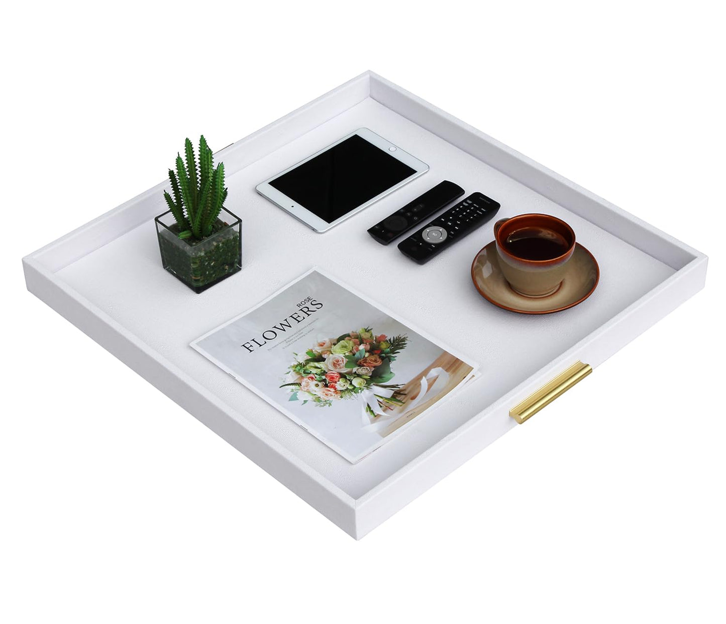 HofferRuffer Extra Large Square Serving Tray, Elegant Faux Leather Ottoman Tray with Gold Hardware Handles, Serve Tea, Coffee or Breakfast in Bed, 24 x 24 inches (White Shagreen)