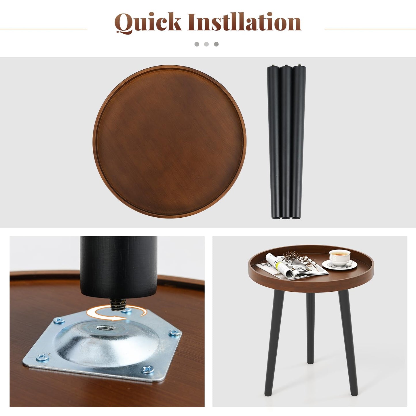 Giantex Round End Table, Mid Century Modern Side Table with Wooden Tray & Bamboo Legs, Sofa Couch Accent Table, Small Coffee Table for Small Space Living Room, Nightstand for Bedroom, Walnut