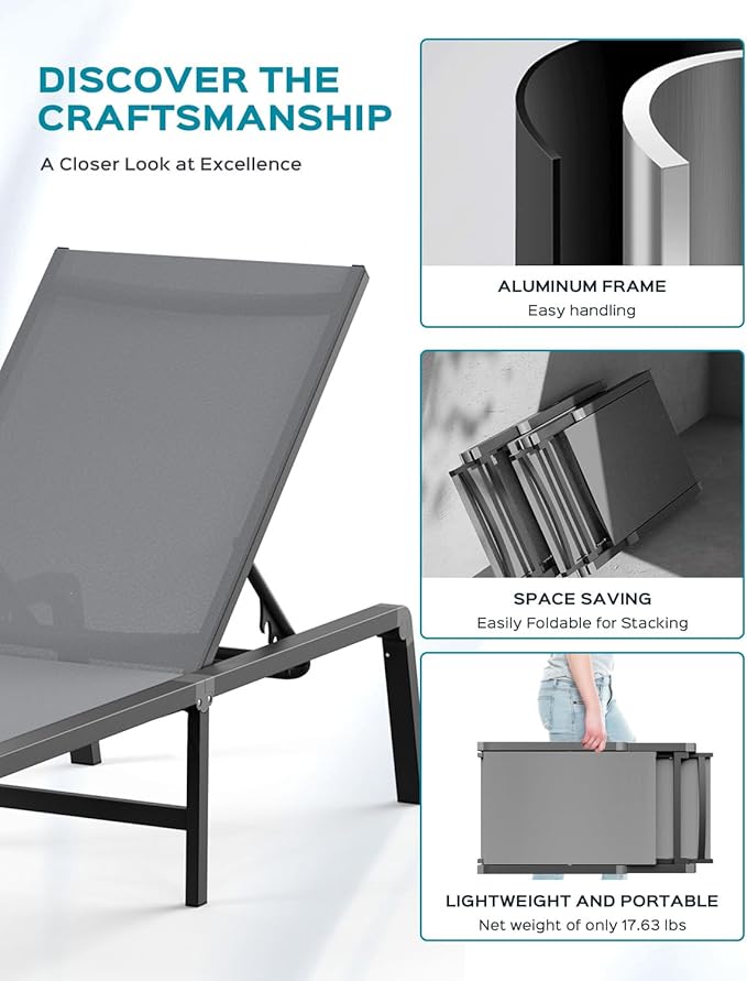 Patio Chaise Lounge Chair Set of 4, Foldable Lounge Chair