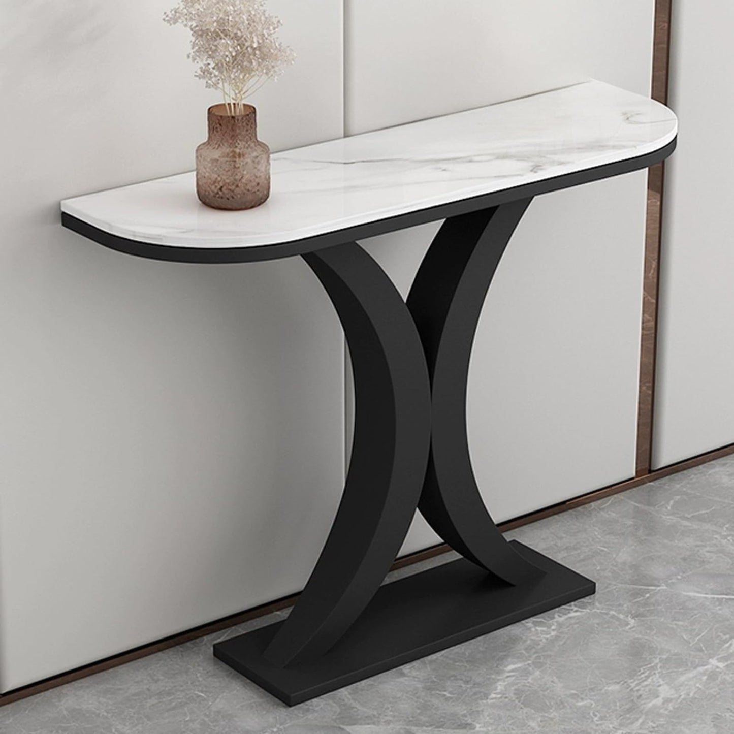 Sofa Table Shelf Entryway Marble Mirrored Display Modern Entrance Wooden，Narrow Console Table, Modern Sofa Table with Marble Tabletop, Entryway Table with Arc Base, Metal Foyer Couch Table,