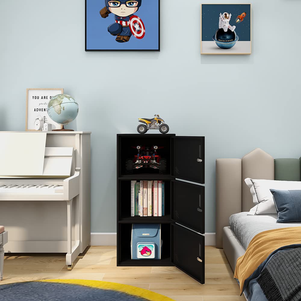 DAYTOYS 3 Door Metal Vertical Storage Locker for Kids Bedroom, Children Room, School, Office, Home,Stackable Steel Storage Cabinet for Toys, Sports Equipment,Anti-Falling Device. (3D, Black)