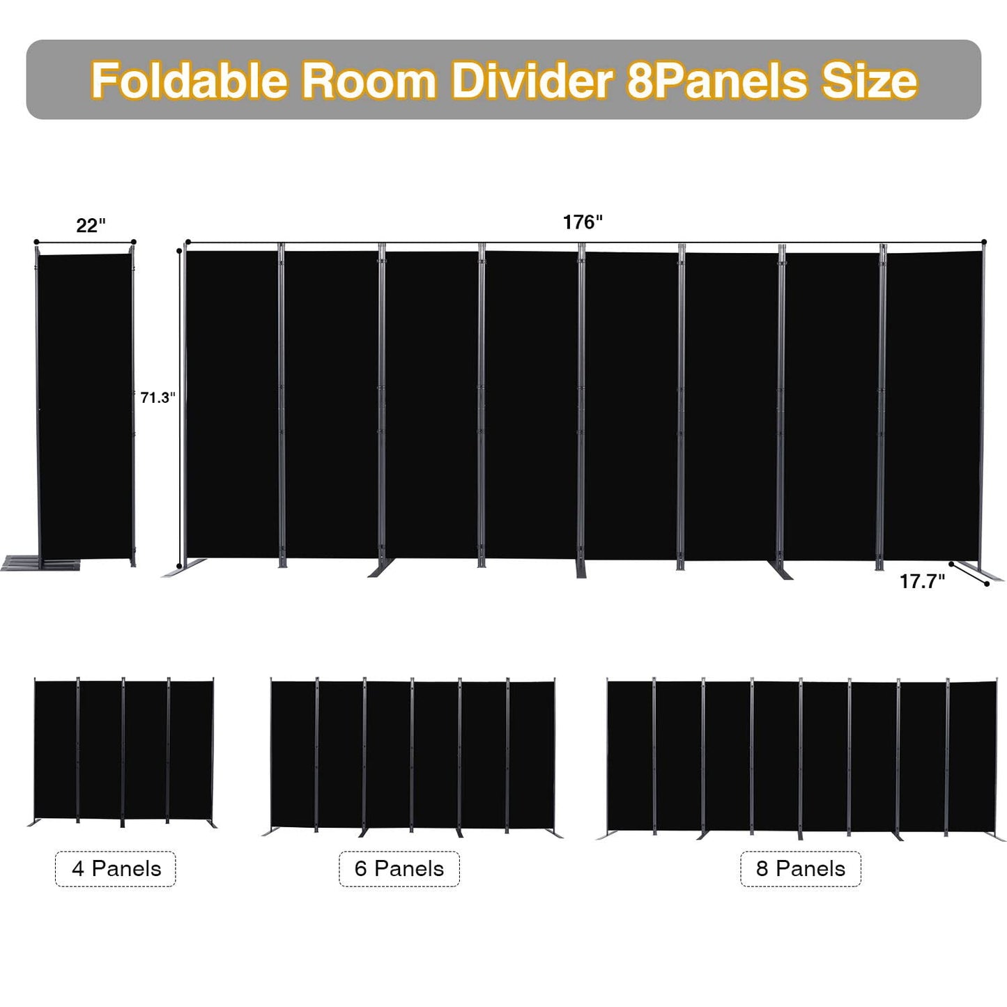 CHOSENM Room Divider, 8 Panel Folding Privacy Screens with Wider Support Feet, 6 Ft Portable Room Partition for Room Separator, 176" W X 71" H, Black