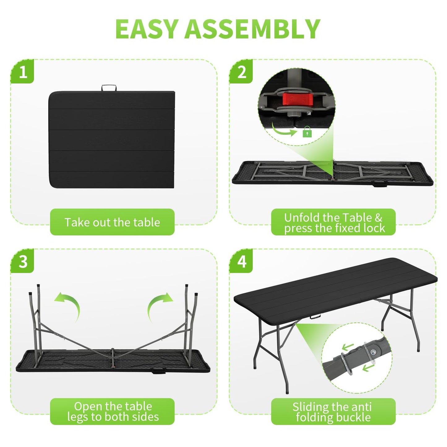 BestOffice 6 FT Picnic Table, Portable Plastic Folding Table with Carrying Handle Perfect for Picnics, Parties, Party and Camping, Black Wood Grain