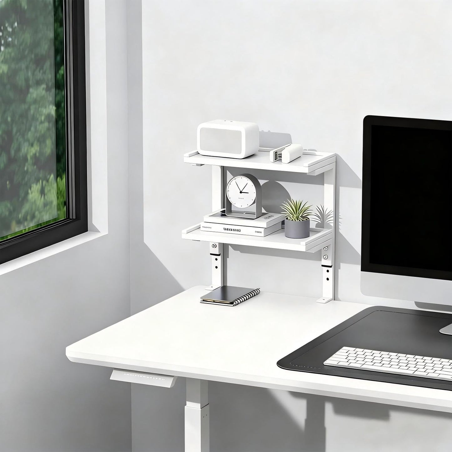 OUTIOE 2-Tier Desk Shelf, Expandable Under Desk Storage, Clamp on Desk Shelf, Desktop Accessories for Offices, Study Rooms, and Game Rooms (White)