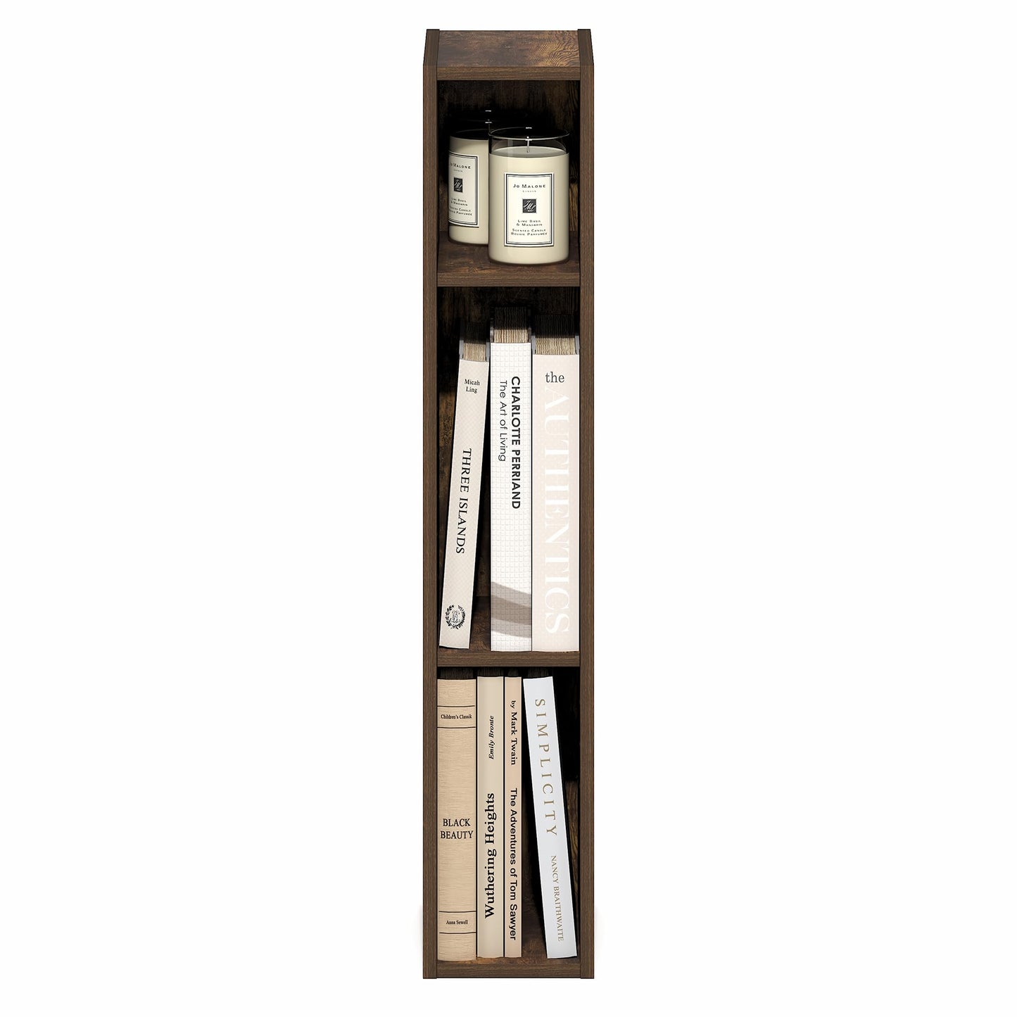 Furinno Fulda Book Shelf, 3-Tier Narrow Bookshelf, Bookcase with 6-in Width Storage Shelf, 9.3 x 5.9 x 31.5, for Living Room, Bedroom, Home Office, Amber Pine