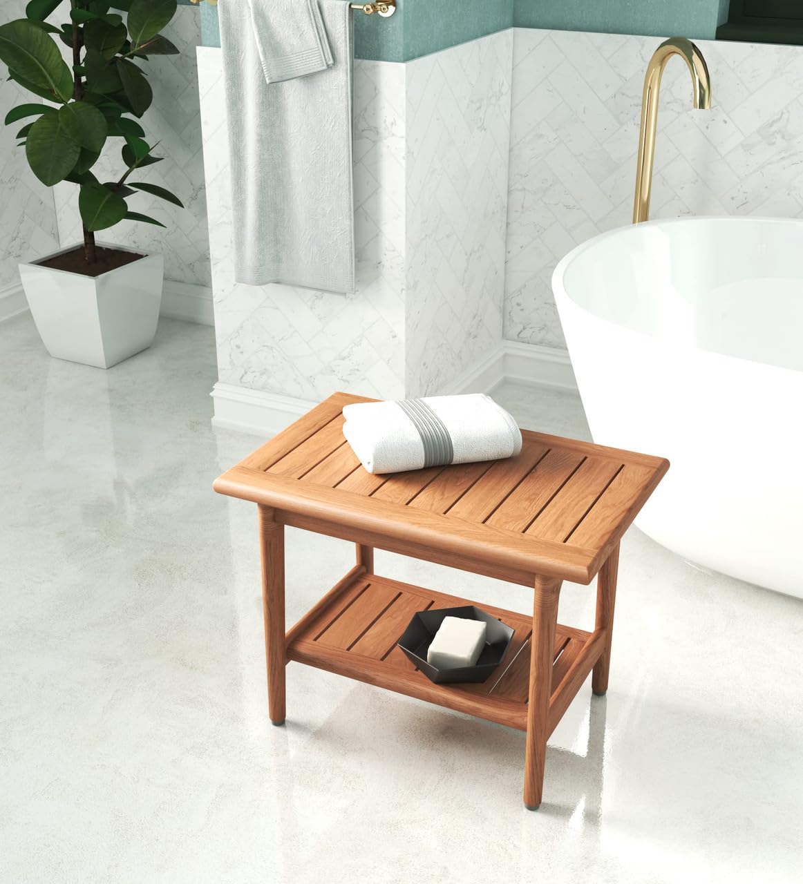 24" Maluku-Bjon Slatted Teak Shower Bench with Shelf
