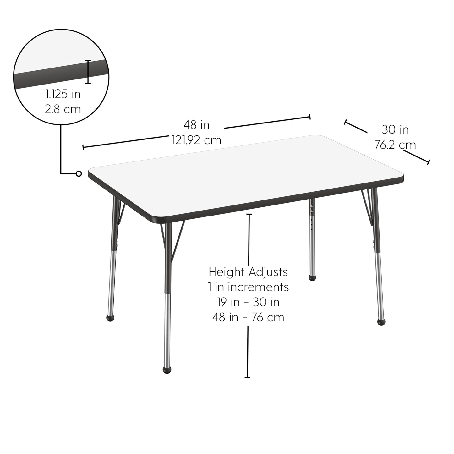 FDP Dry-Erase Rectangle Activity School and Office Table (30 x 48 inch), Standard Legs with Ball Glides Adjustable Height 19-30 inches - Whiteboard Top and Black Edge