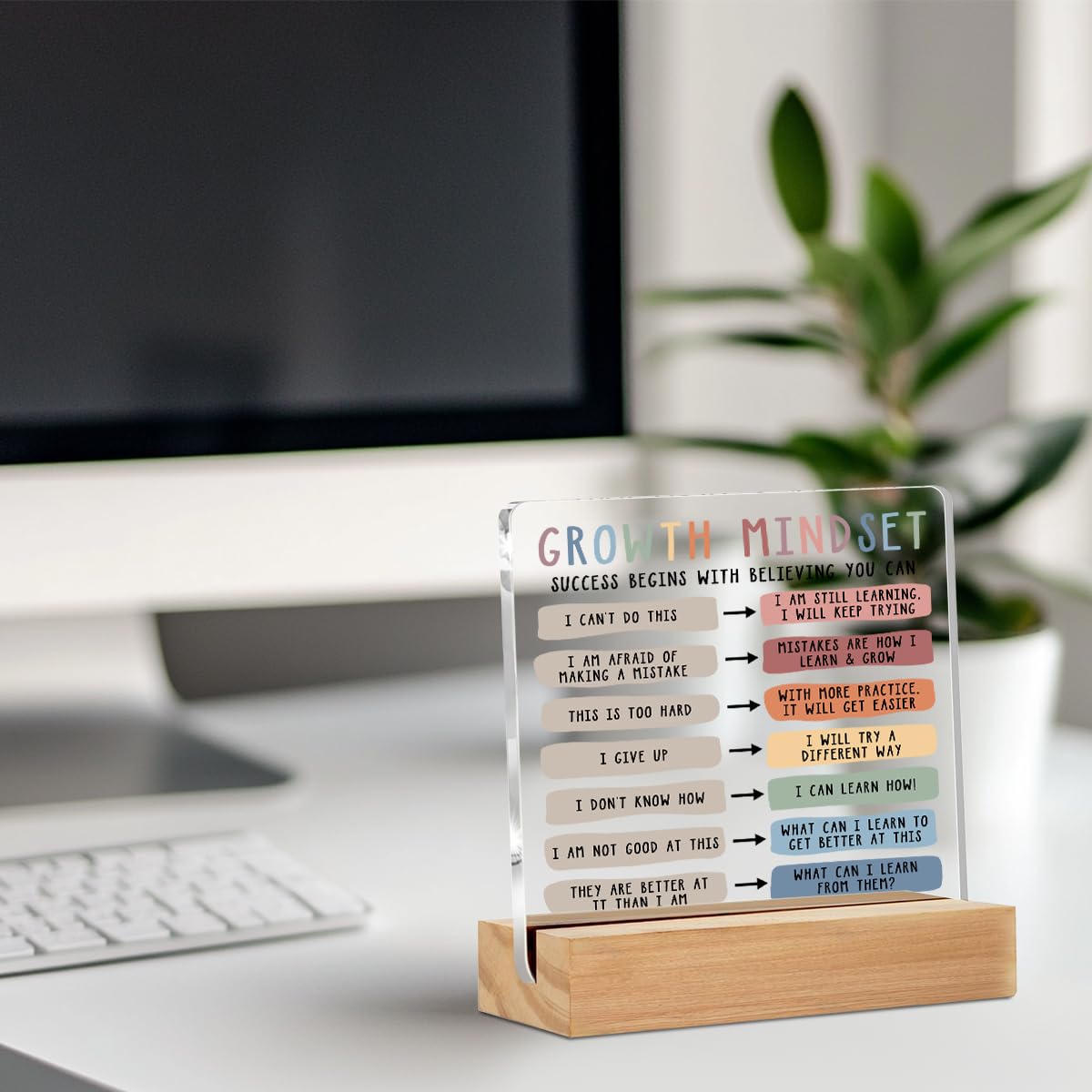 Growth Mindset Table Desk Decors, Positive Affirmations Acrylic Sign, Inspirational Gifts for Women, Counseling Room Therapy Office Home Classroom Bedroom Decor