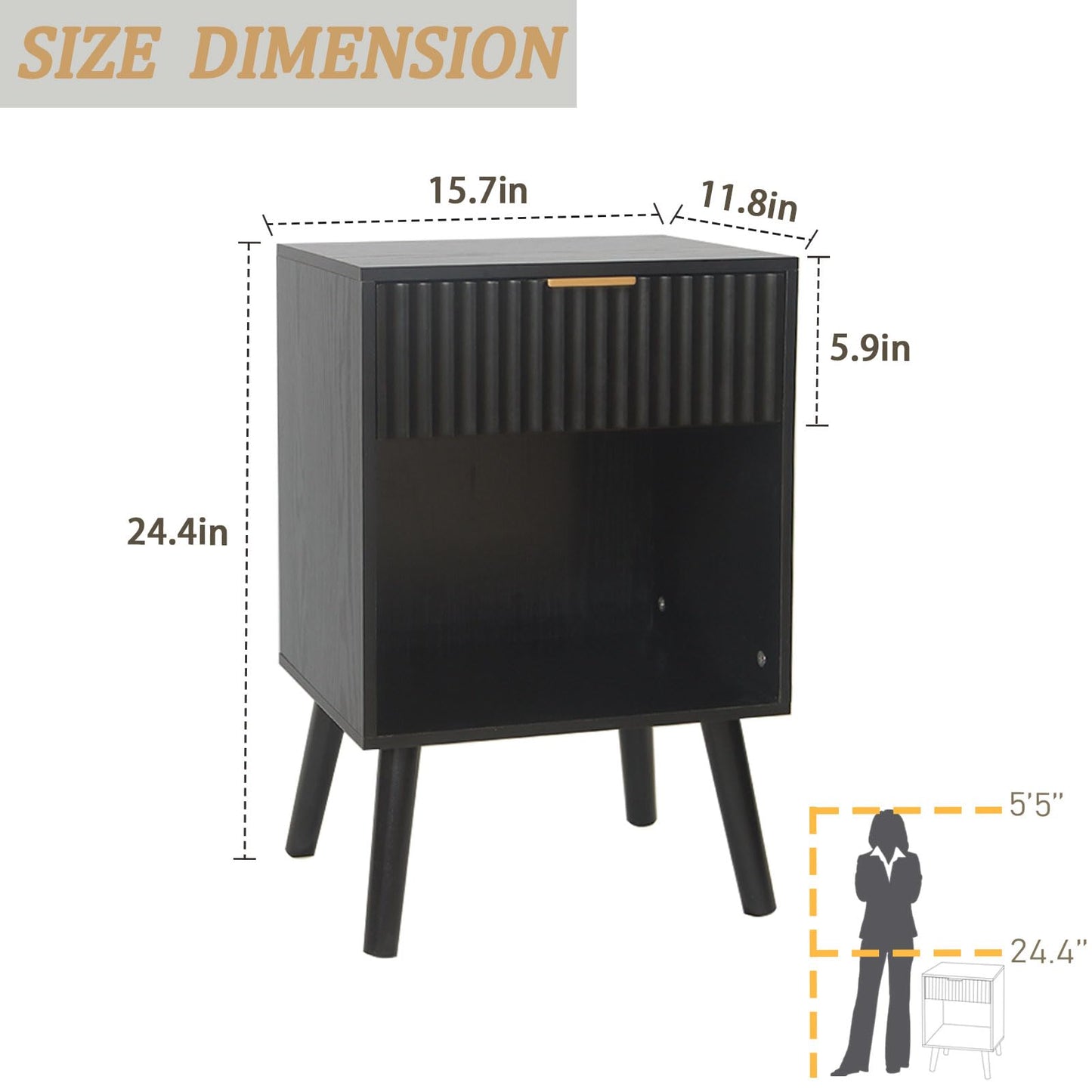 Fultyle Black Fluted Nightstand, Modern Bedside Table with Drawer and Open Storage, End Side Table Living Room with Solid Wood Legs for Bedroom (Black)