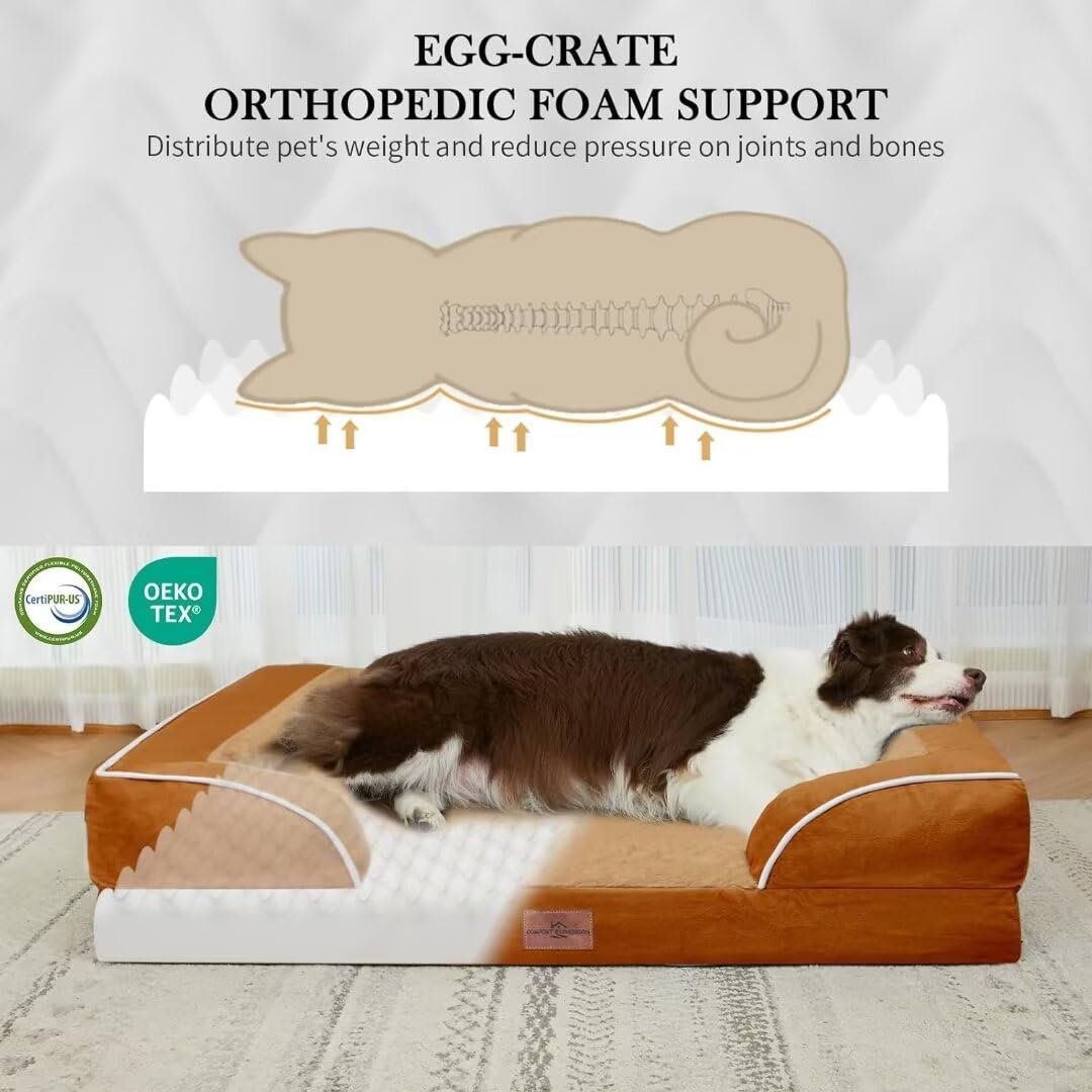 Comfort Expression Orthopedic Dog Bed for Extra Large Dogs 42x30 Inch, Waterproof Supportive Egg Crate Foam XL Pet Bed with Removable Bolsters, Dog Couch with Washable Cover & Non-Slip Bottom, Orange