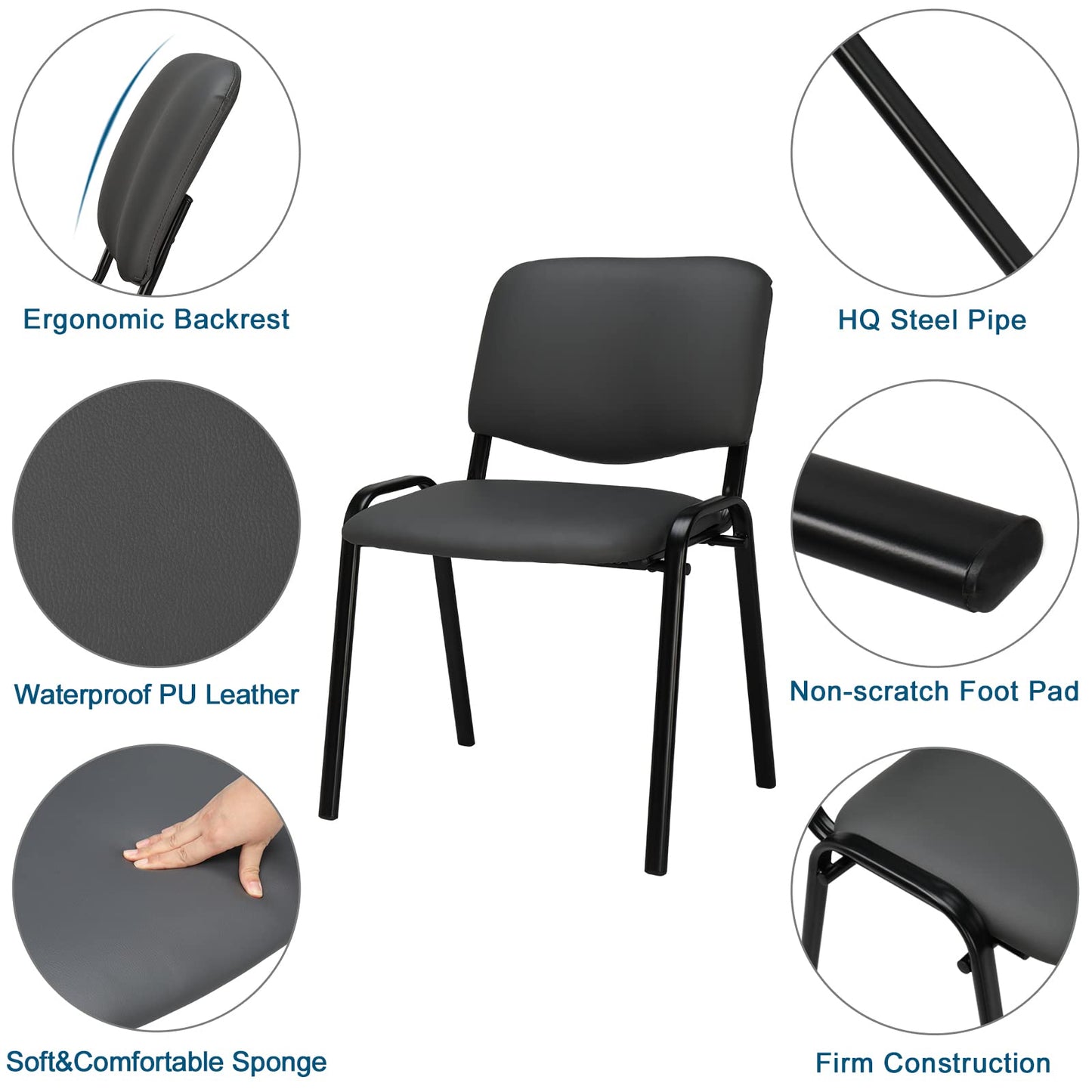 VINGLI Grey Waiting Room Chairs, 5-Pack PU Church Chairs Conference Stackable Office Guest & Reception Stacking for Meeting, Lobby, Simple&Space-Saving Pu-grey