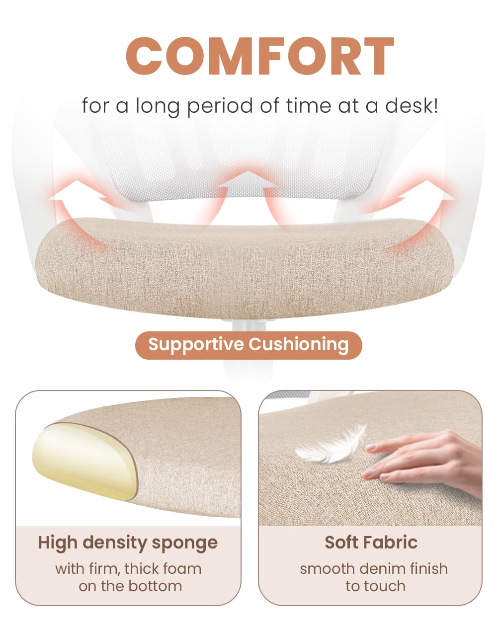 NEO CHAIR Office Desk Computer Chair Ergonomic Mesh Gaming Cushion Seat with Comfy Lumbar Mid Back Support Adjustable Height Swivel Rolling Wheels for Home Task (Beige)