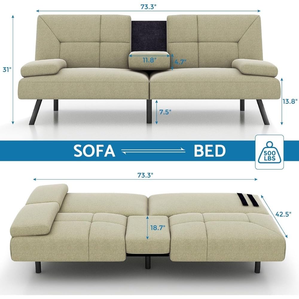 Convertible Linen Fabric Lounge Couch with Cup Holders