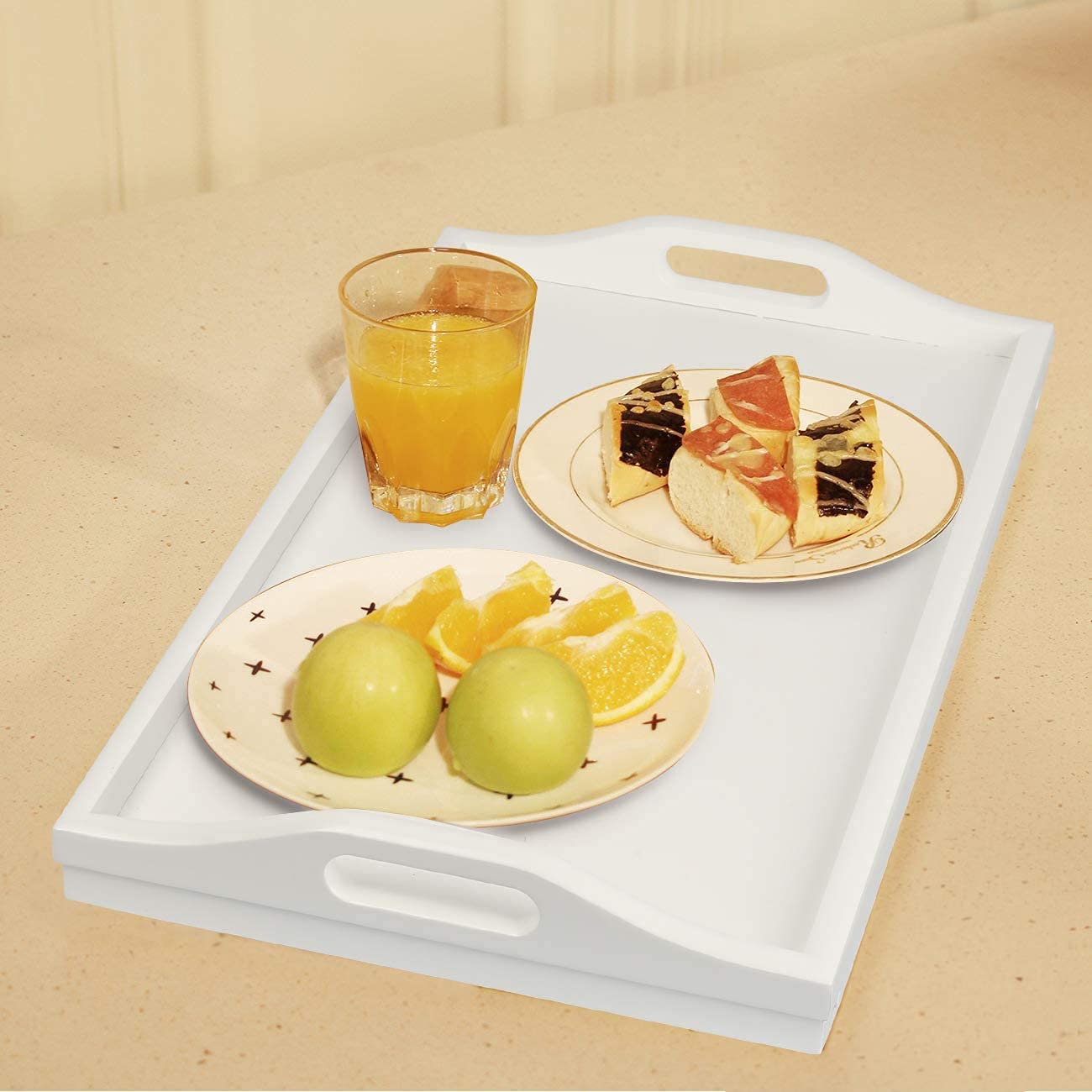 Bed Tray Table Bamboo Breakfast Food Tray with Folding Legs Kitchen Platters Serving Plate for Bed TV Table Desk Laptop Computer（White Large）
