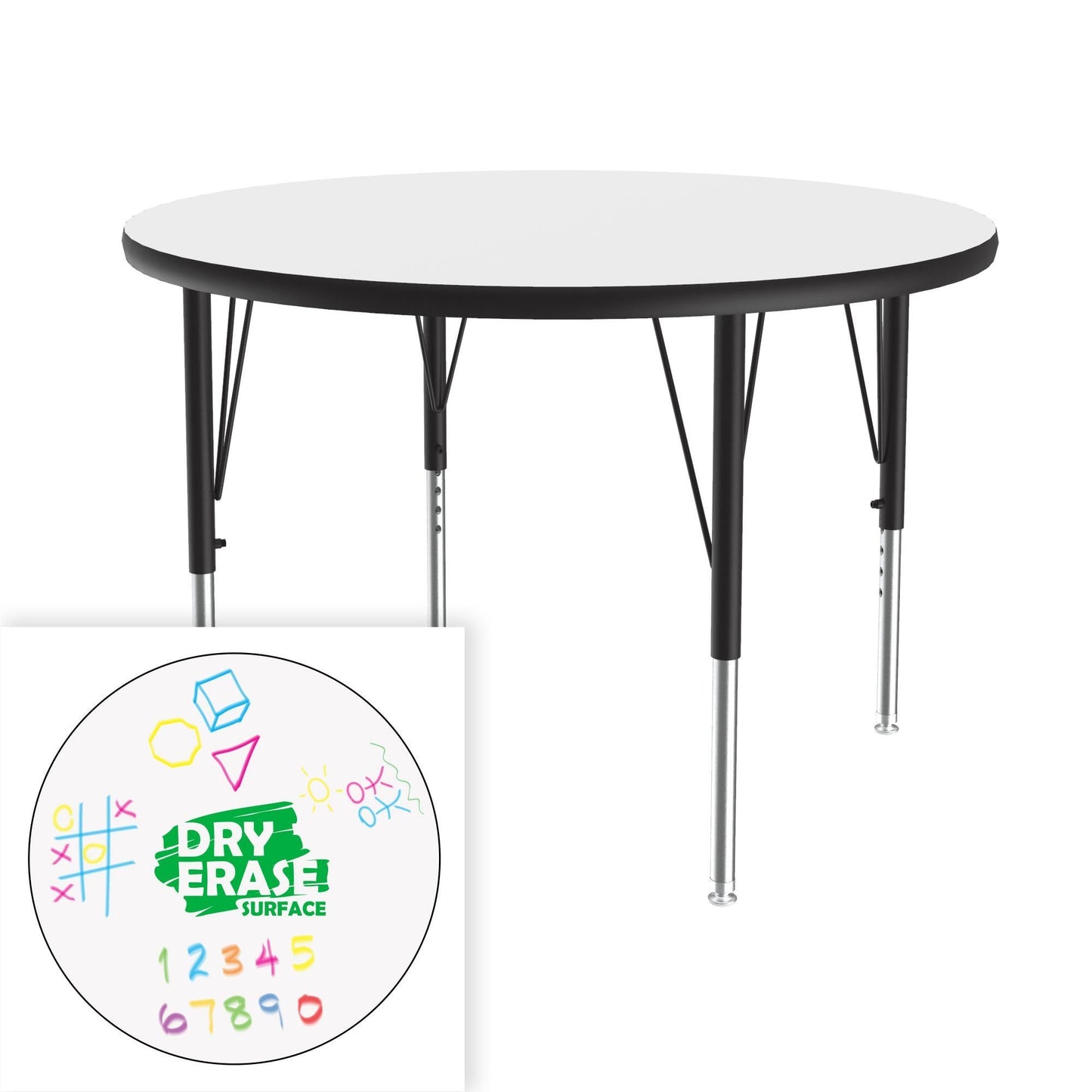 Correll 36" Round, Classroom Dry Erase/Markerboard Top Activity Table, Height Adjustable (19"-29), White Durable High Pressure Laminate, School Furniture, Made in The USA