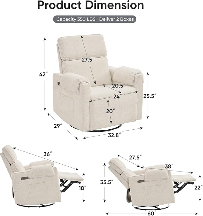 24" Extra Wide Swivel Rocker Recliner Chair