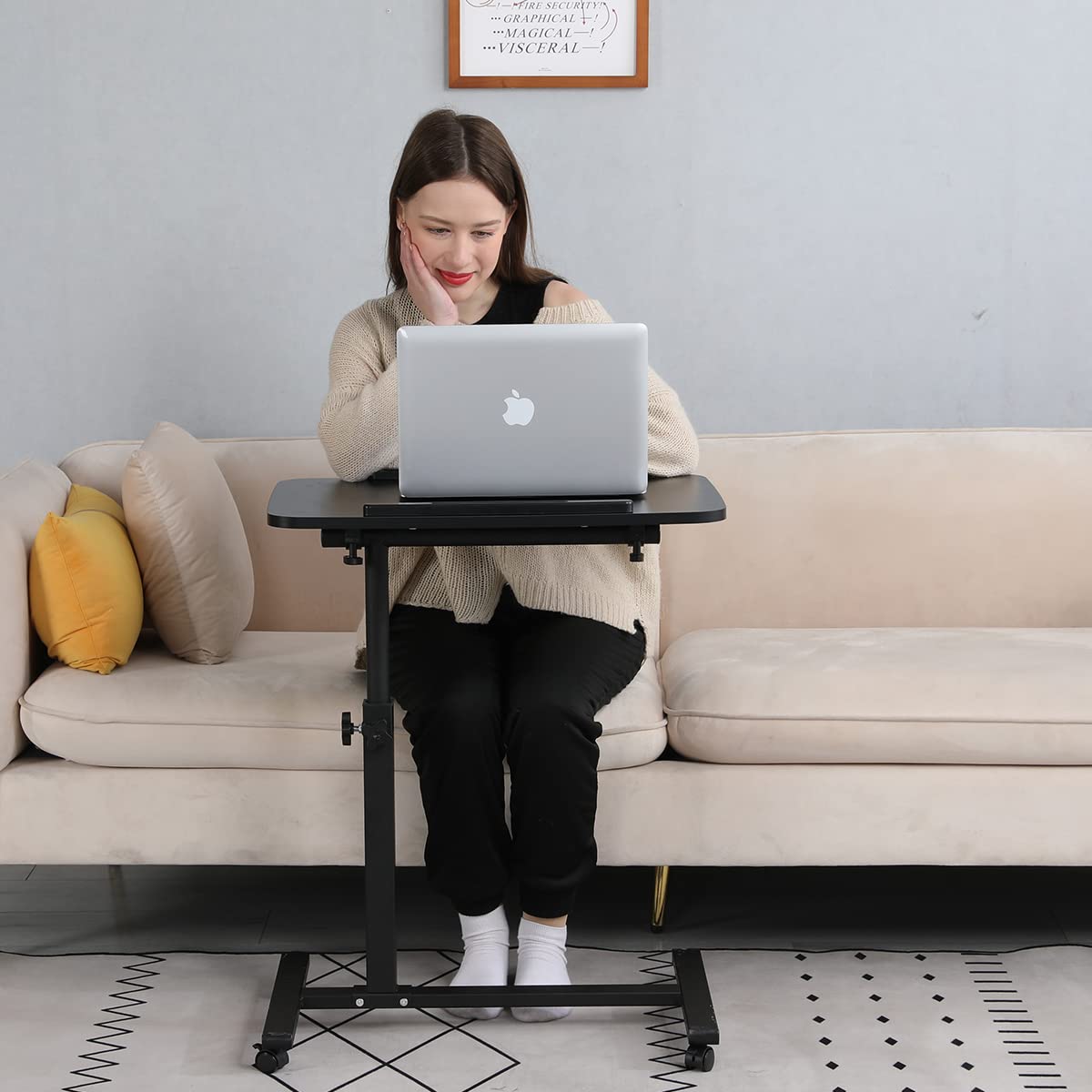 Bed Desk Adjustable Overbed Bedside Table Rolling Laptop Tray Desk Cart Height Portable Mobile Sit Stand Table Tilting Hospital Bed with Wheels