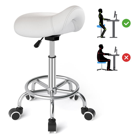 YEEZEE Saddle Stool Ergonomic- Comfortable Rolling Saddle Stool with Wide Thick Saddle Seat Padding, Swivel Adjustable Saddle Chair with Wheels and Ring Pedal for Medical Massage Salon (Classic White)