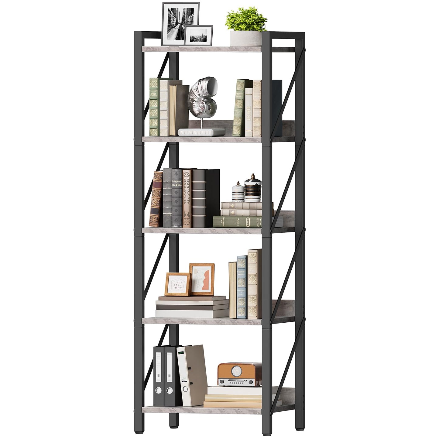 HOOBRO Bookshelf, 5-Tier Industrial Bookcase, Book Shelf Storage Organizer, Tall Bookshelf with Metal Frame for Living Room, Bedroom, Home Office, Kitchen, Greige and Black BG73SJ01