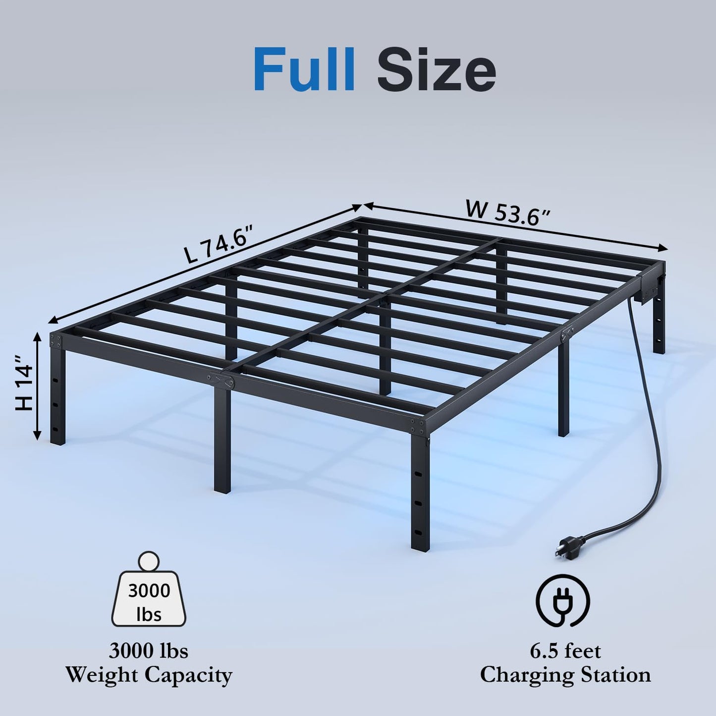 HAVONIZD Full Size Bed Frame with LED Lights & Charging Station - 14 Inch Heavy Duty Metal Platform Bed Frame No Box Spring Needed, Easy Assembly, No Noise