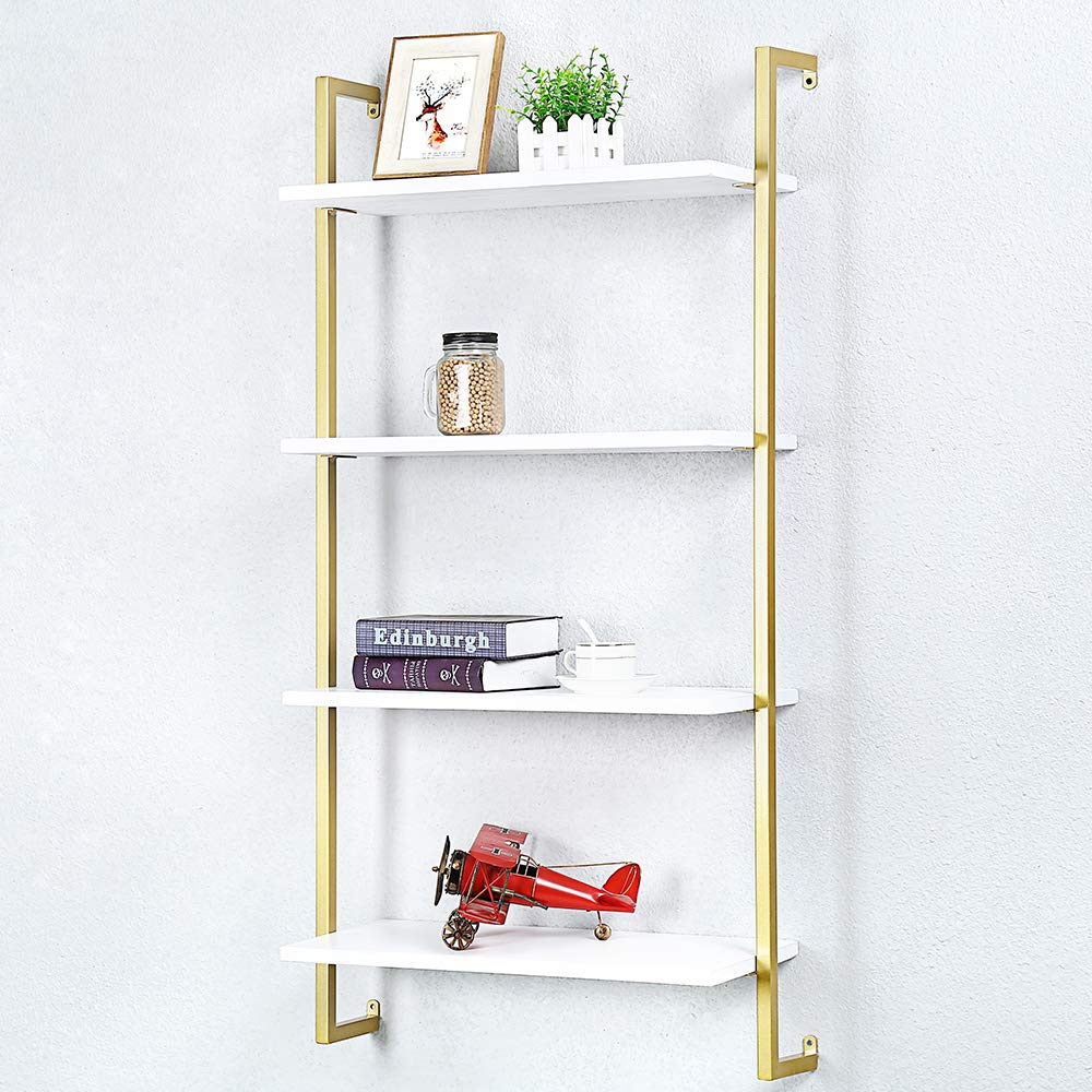 OLDRAINBOW Industrial Metal Wall Shelf,Floating Wood Shelves Wall Mounted,24in Iron Real Wood Book Shelves,4 Tier Bookshelf Shelving