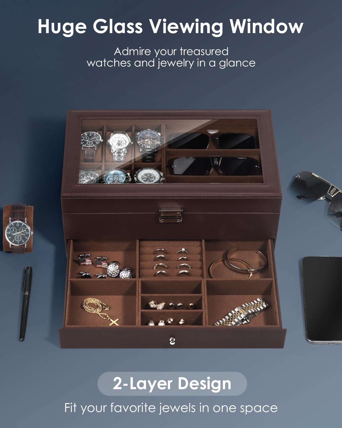 Kukikan Watch Jewelry Box Organizer, 6-Slot 2-Layer Watch Case and Sunglasses Storage with Large Glass Lid, Men's Jewelry Box with Lock, Watch Holder Display Case, Fathers Day Gift for Dad