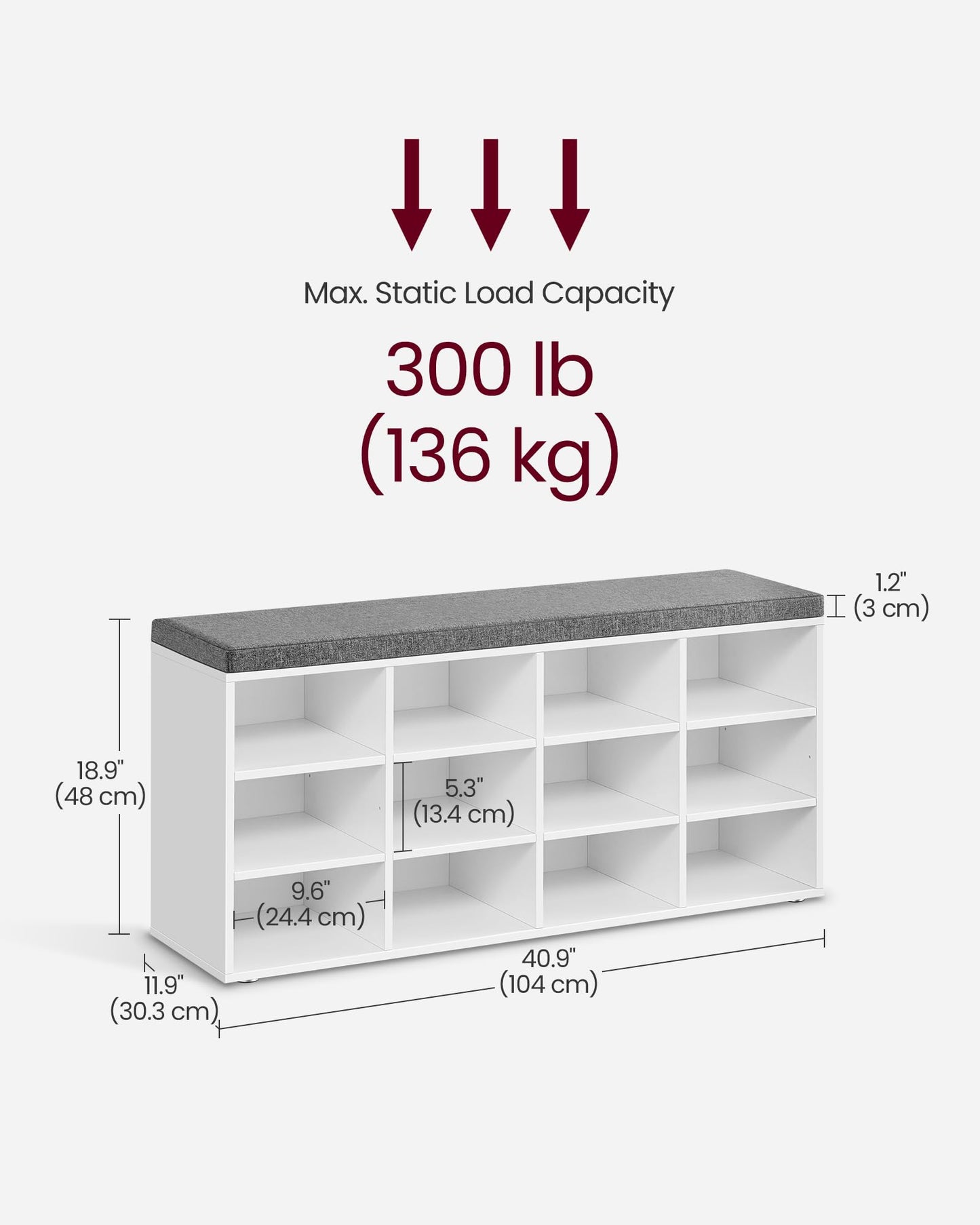 VASAGLE CUSTOS Collection - Shoe Bench, Storage Bench with Padded Seat, Entryway Bench with 12 Compartments, for Bedroom, 11.9 x 40.9 x 18.9 Inches, Cloud White and Slate Gray ULHS012W14