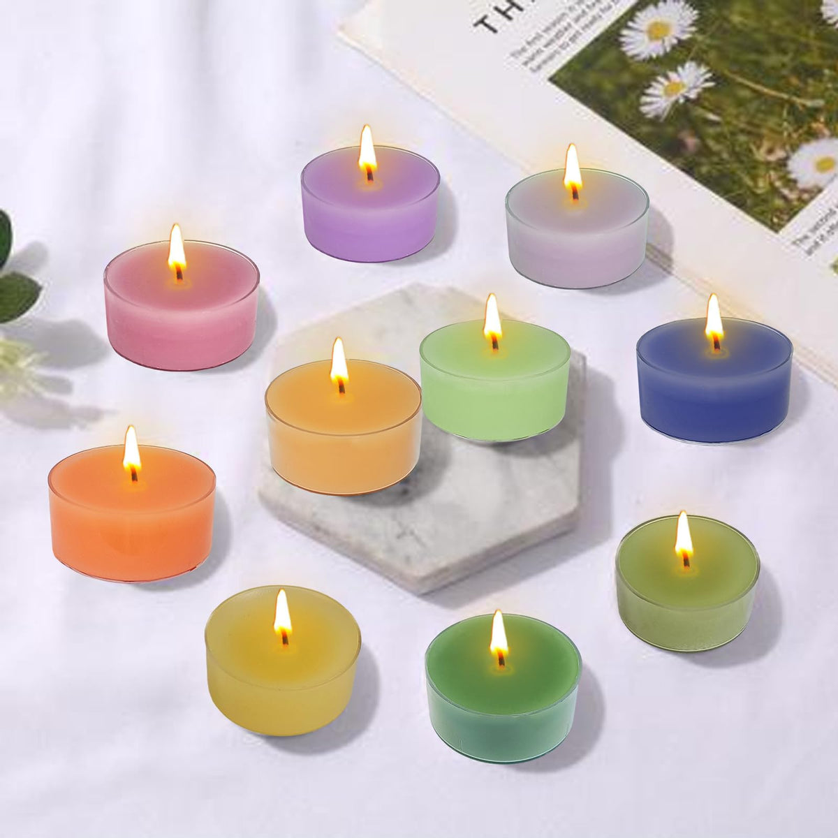 Scented Tea Light Candles 12 Pack Pastel Color Hand Poured Smokeless 4 Hours Clean Burning Small Round Clear Cups Tealight Candles for Romantic Dinners Wedding Centerpieces Cozy Evenings