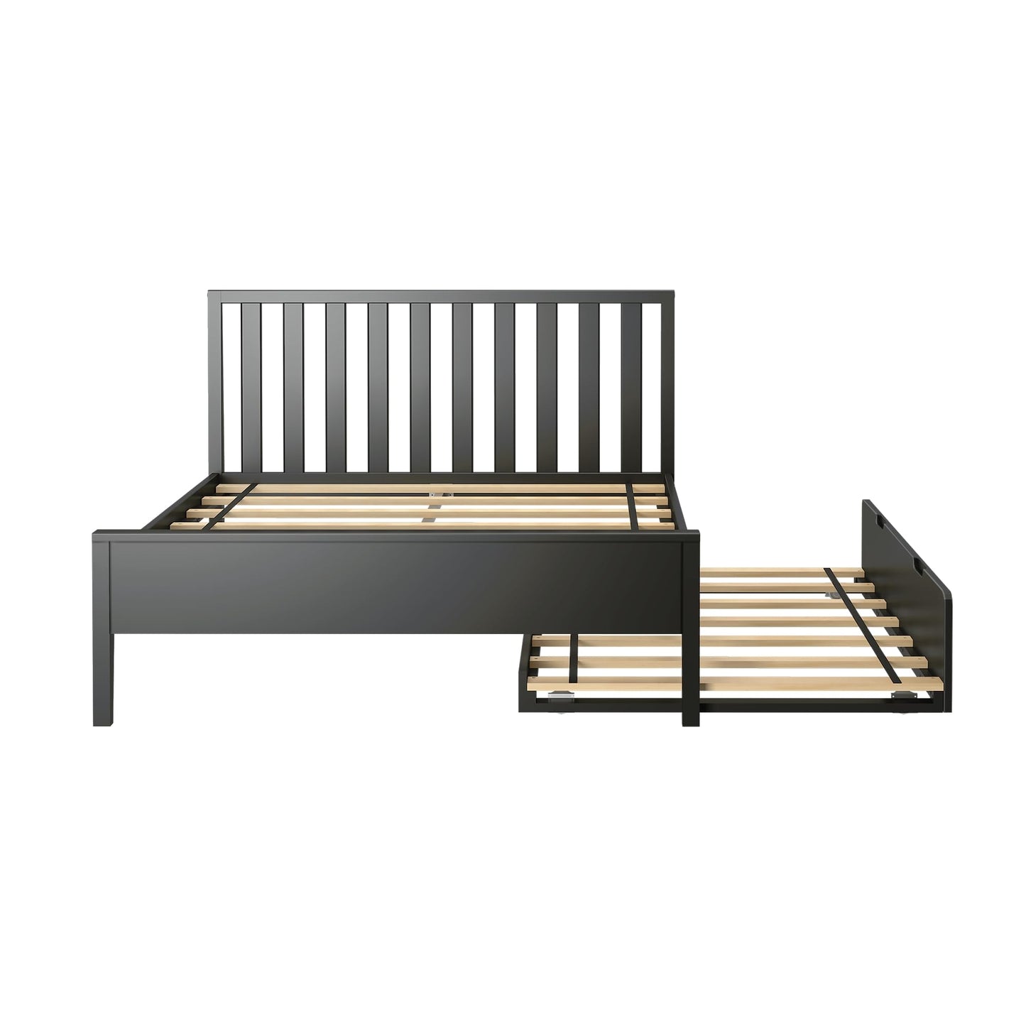 Max & Lily Scandinavian Panel Bed (Full), Slatted Headboard, with Trundle, Black