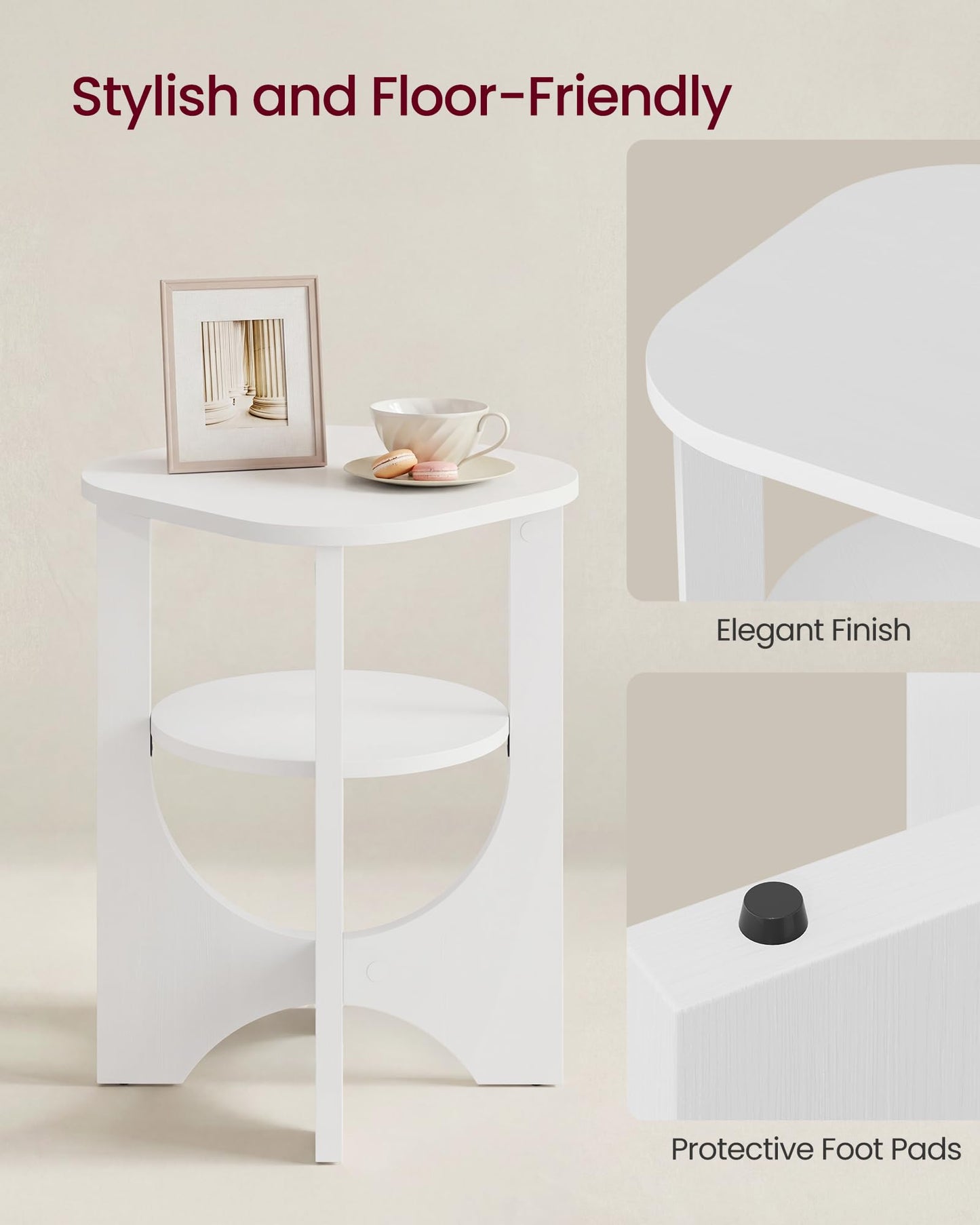 VASAGLE Side Table, 2 Tier Small Accent End Table, Nightstand with Lower Shelf for Small Spaces, Living Room, Bedroom, Cloud White ULET233W101S