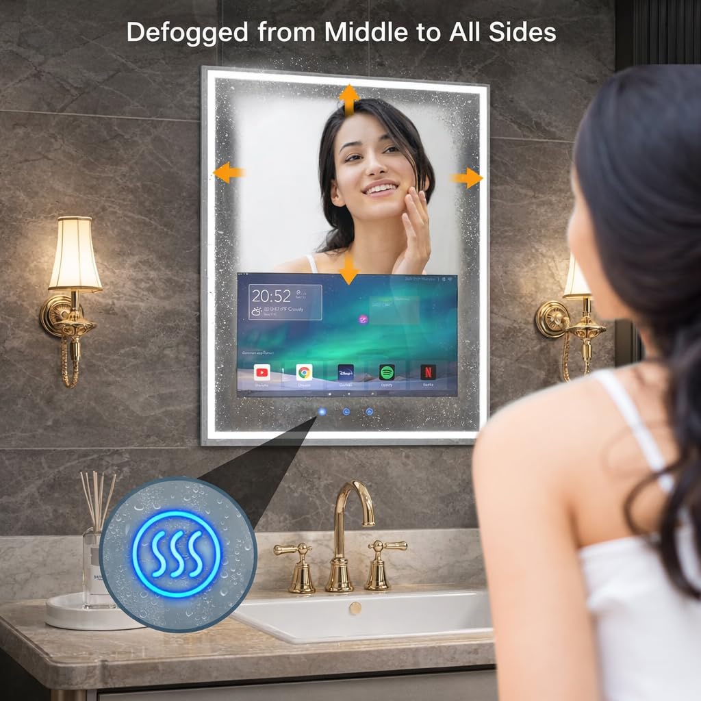 Haocrown 24x32 Inch LED Smart Bathroom Mirror with 21.5" Hidden Touchscreen, Android System, 3Colors Stepless Adjusted, Built-in Speakers, Clock & Weather, Anti-Fog, WiFi Bluetooth HDMI, Wall Mounted