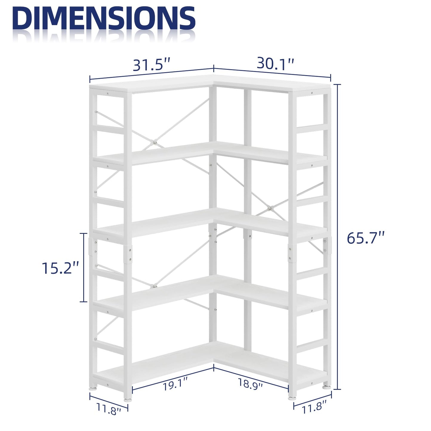 NUMENN 5 Tier Corner Bookshelf, Modern Corner Bookcase, Large Open Shelf Bookcase, Tall Bookshelves Storage Display Rack for Bedroom, Living Room and Home Office, White