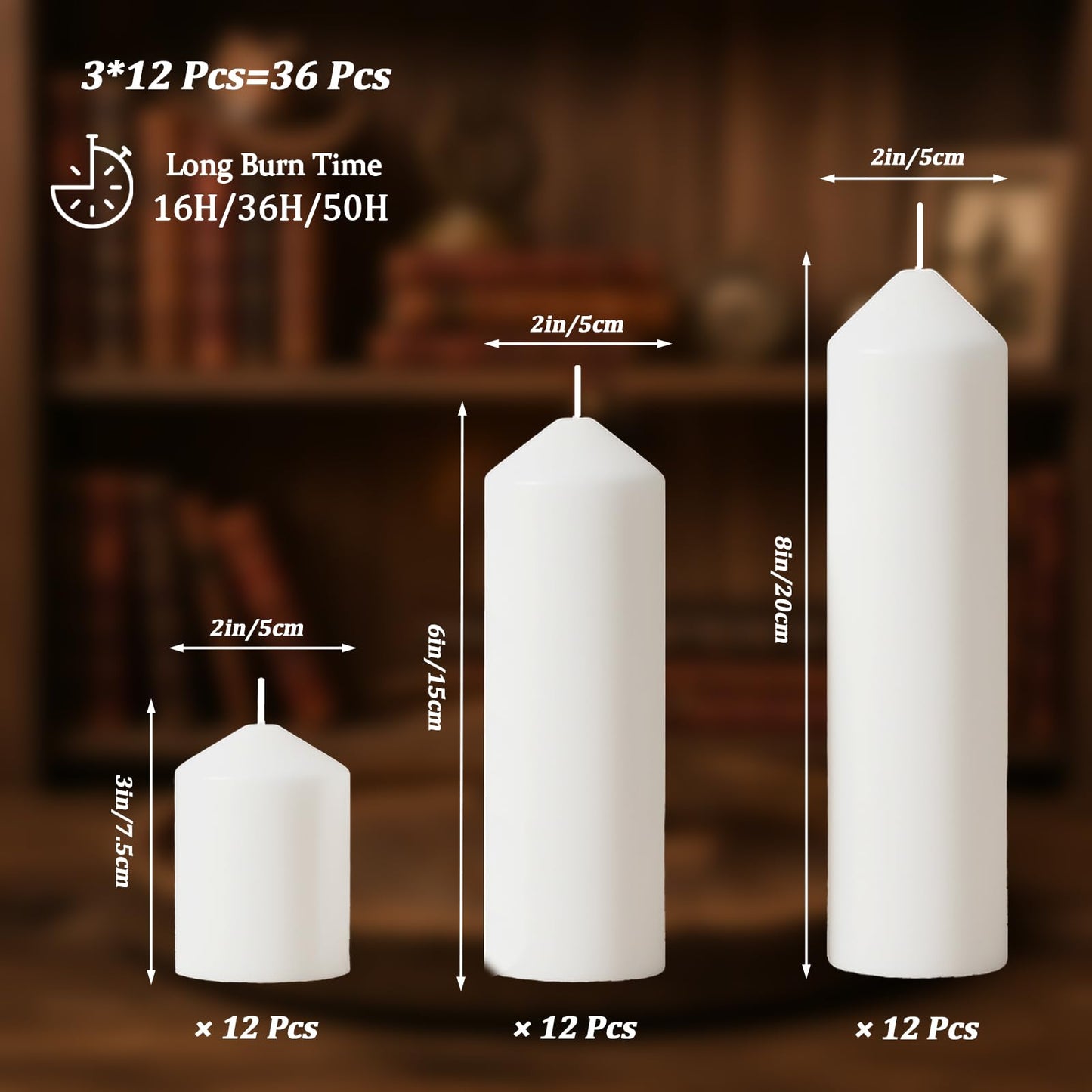 Trxvxo White Pillar Candles Bulk Set of 36，Hurricane Candles，3 Different Lengths 2 x 3/6/8 Inch (12 Each)，Dripless Unscented Smokeless，Gives You a Better Atmosphere When Organizing an Event Party.