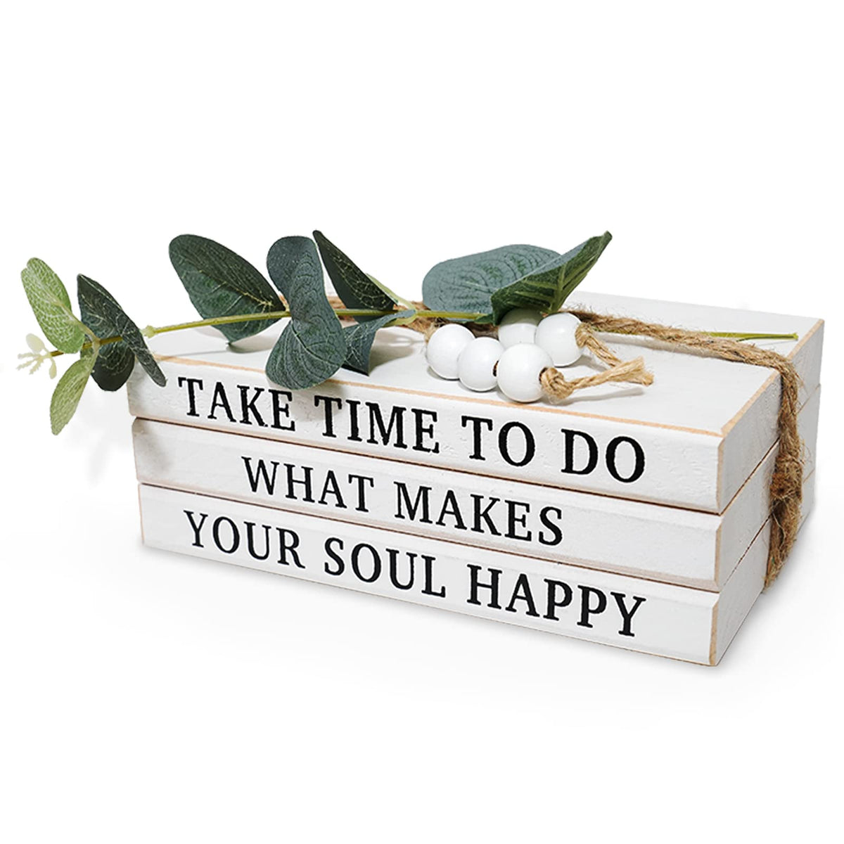 LARAINEIK 3 Pieces Wooden Decorative White Books, Rustic Farmhouse Faux Books for Coffee Table Shelves with Wood Bead Tassels and Leaves, 7'x 4.6'x 2.5' (Take Time to Do, What Makes, Your Soul Happy)