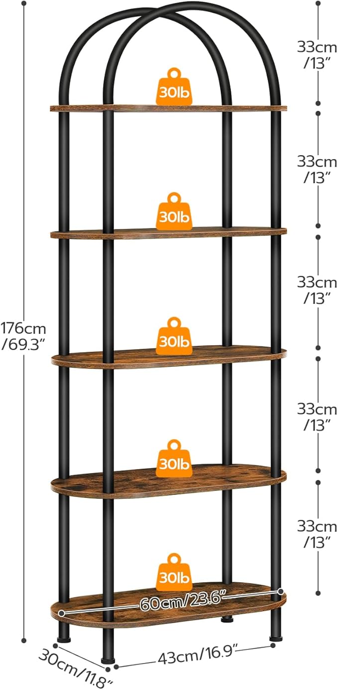 HOOBRO 5 Tier Open Bookshelf, Industrial Arched Bookcase Display Shelf Rack