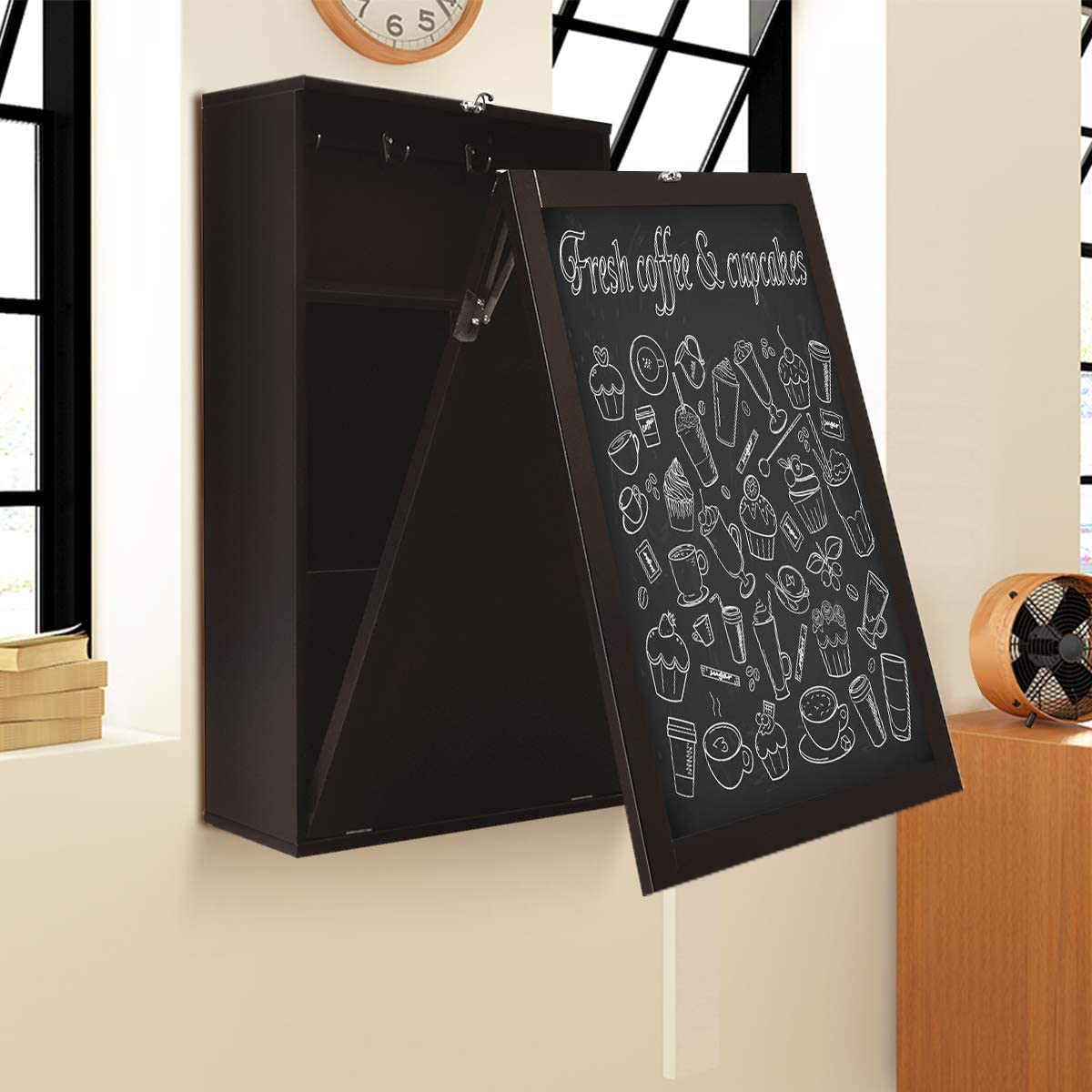 GRAFFY Wall Mounted Folding Desk, Floating Desk with Chalkboard, Multi-Function Wall Mounted Table with Storage Shelves & Hooks, Computer Desk Laptop Workstation Home Office (Brown)