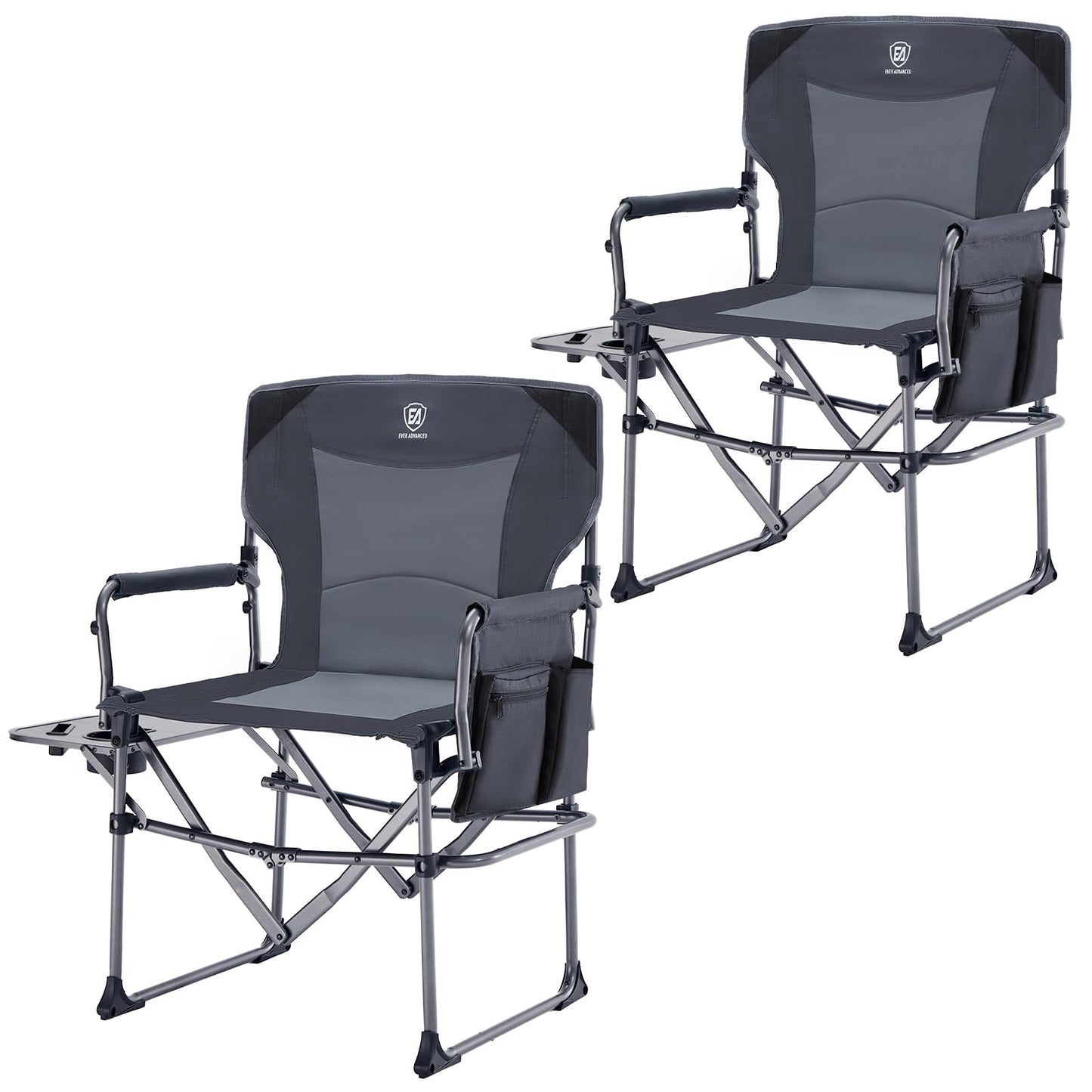 EVER ADVANCED Camping Directors' Chair with Side Table, Portable Folding Chair with Compact Size, Heavy Duty with Pocket for Camping, Lawn, Sports and Fishing, 400lbs, Gray 2 Pack