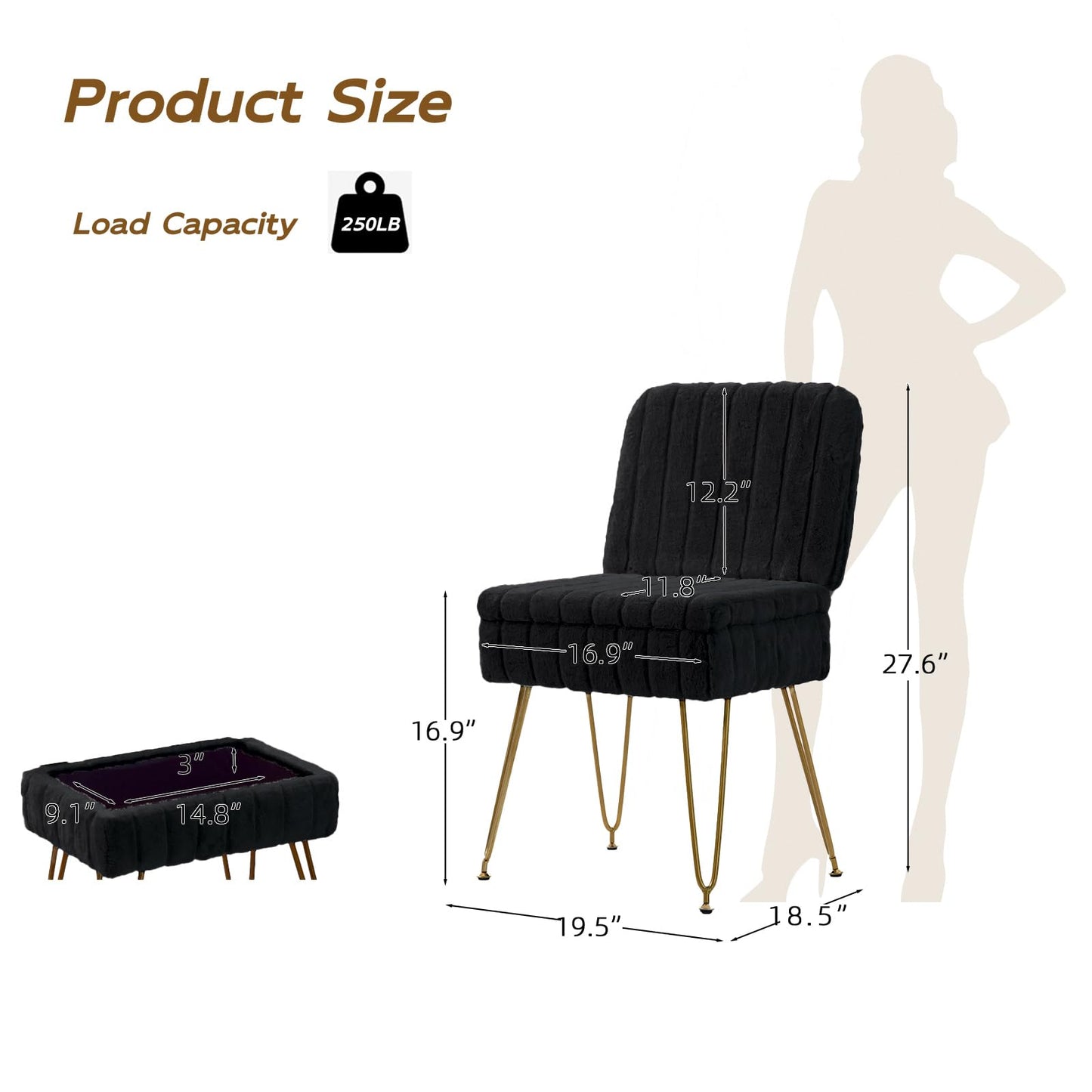 Manyday Vanity Chair with Storage, Comfy Ottoman with Folding Back, Faux Fur Vanity Stool with 4 Metal Legs for Make Up, Furry Padded Seat with Anti-Slip Feet for Bedroom Dressing Room, Black