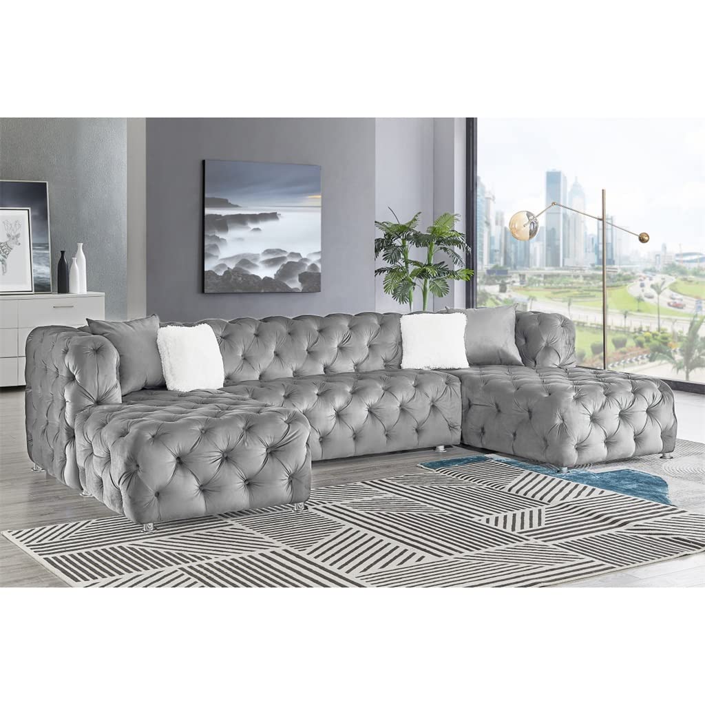 DUYHBAWRS U-Shaped Modular Sofa Grey Velvet Fabric Living Room Furniture