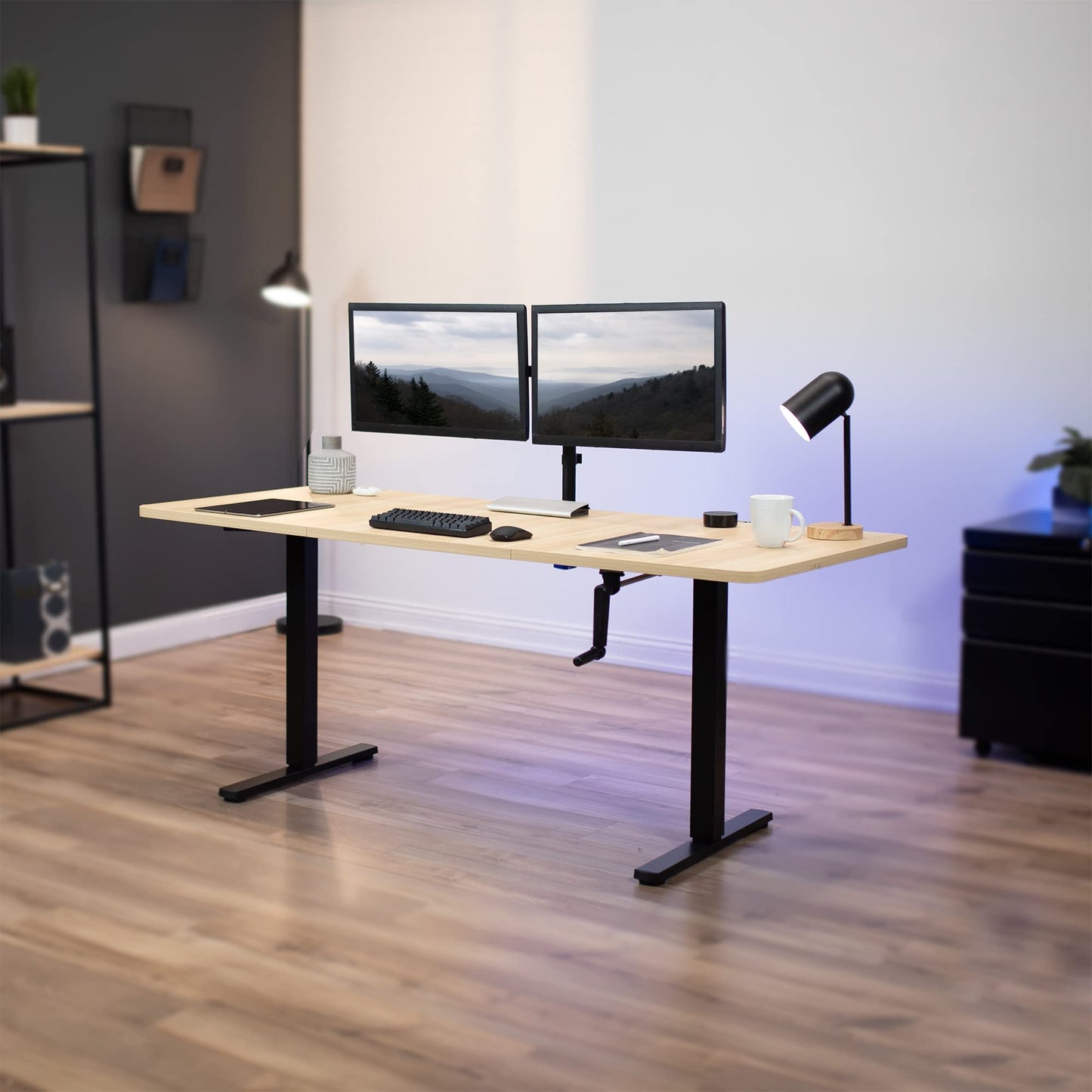 VIVO Manual Height Adjustable 71 x 30 inch Stand Up Desk, Light Wood Table Top, Black Frame, Standing Workstation with Foldable Handle, DESK-KIT-MB7C