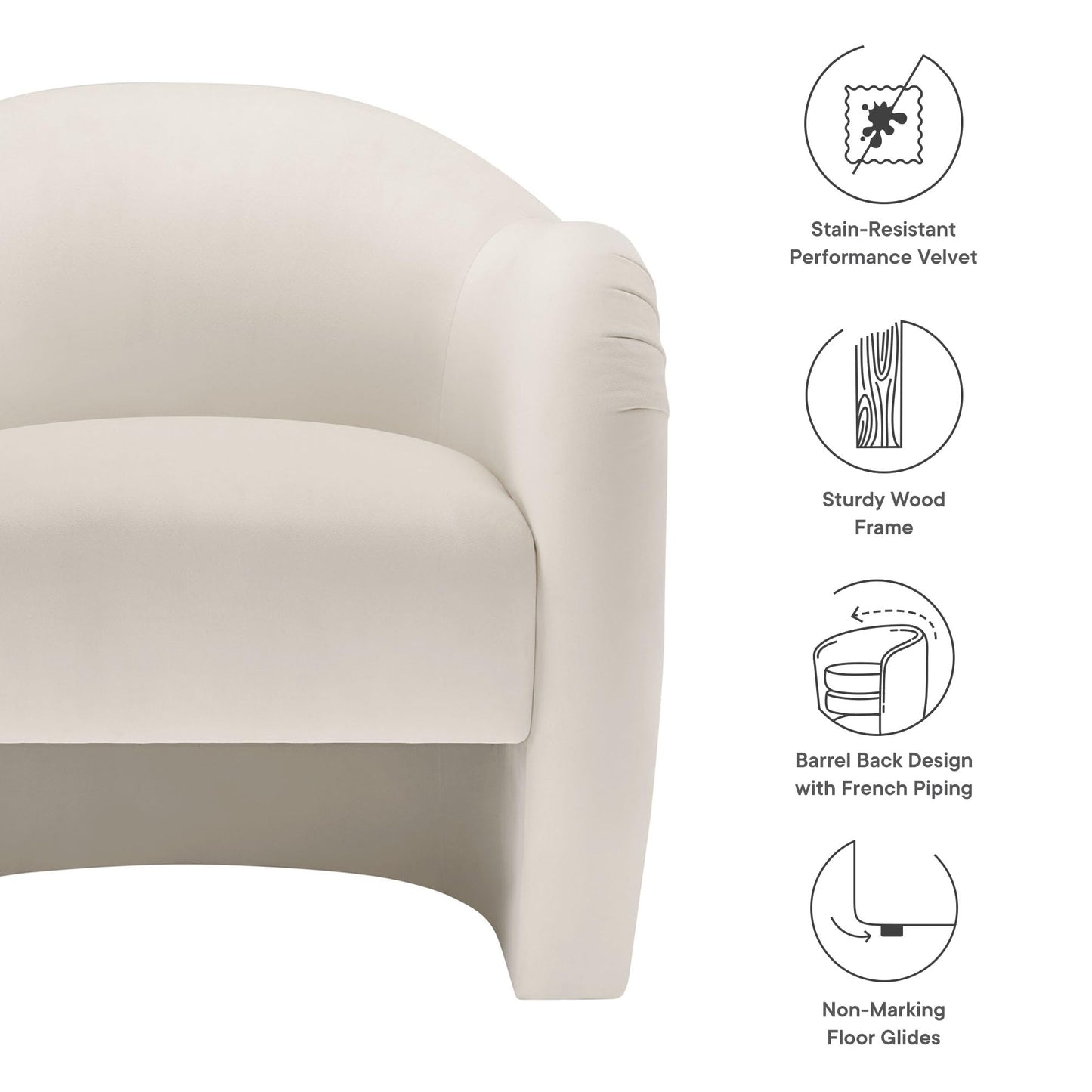 Modway Compose Barrel Chair with Performance Velvet Fabric in Alabaster – Upholstered Accent Armchair with Curved Backrest – Cozy Lounge Chair for Reading – Round Comfy Single Sofa Club Chair