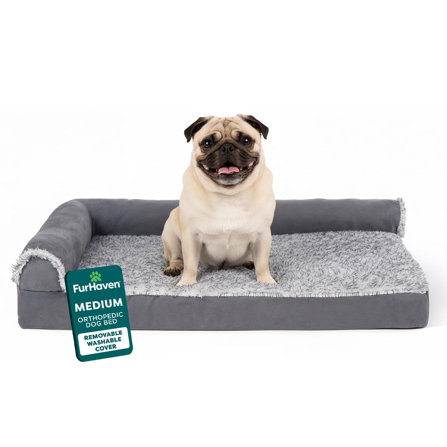 FurHaven Orthopedic Dog Bed for Medium Dogs, L-Shaped Chaise Mattress with Orthopedic Egg Crate & a Solid Orthopedic Foam Base for Joint Support, Washable Cover, Medium, Faux Fur & Suede, Stone Gray